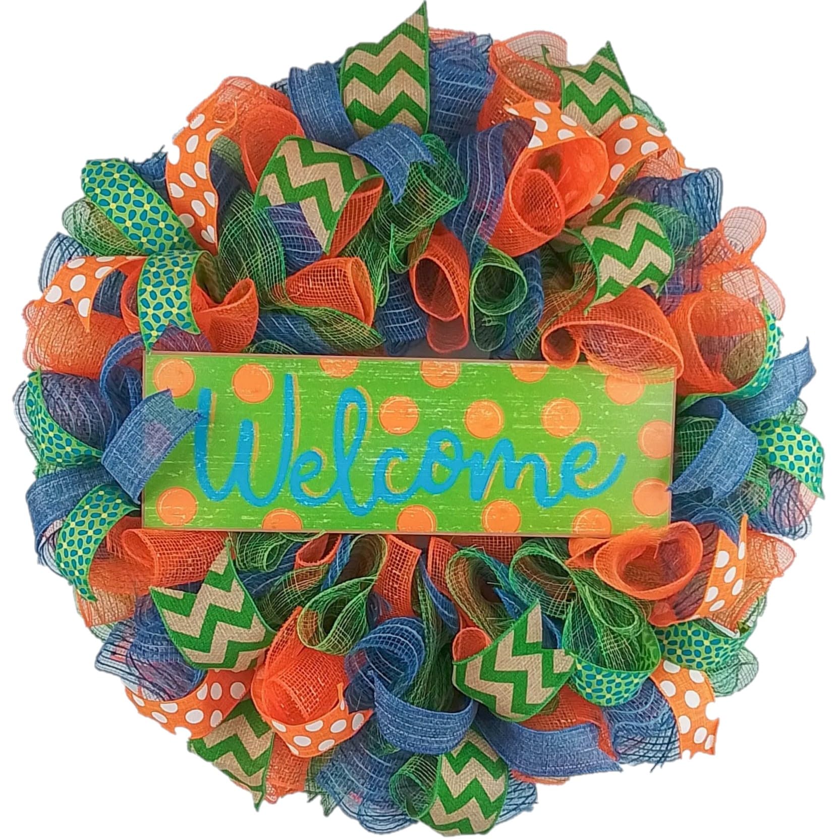 Green Summer Spring Welcome Deco Mesh Wreath - Orange, Lime Green & Denim Blue Colors | Perfect for Front Door Decor, Seasonal Home Decoration & Holiday Party Decorations