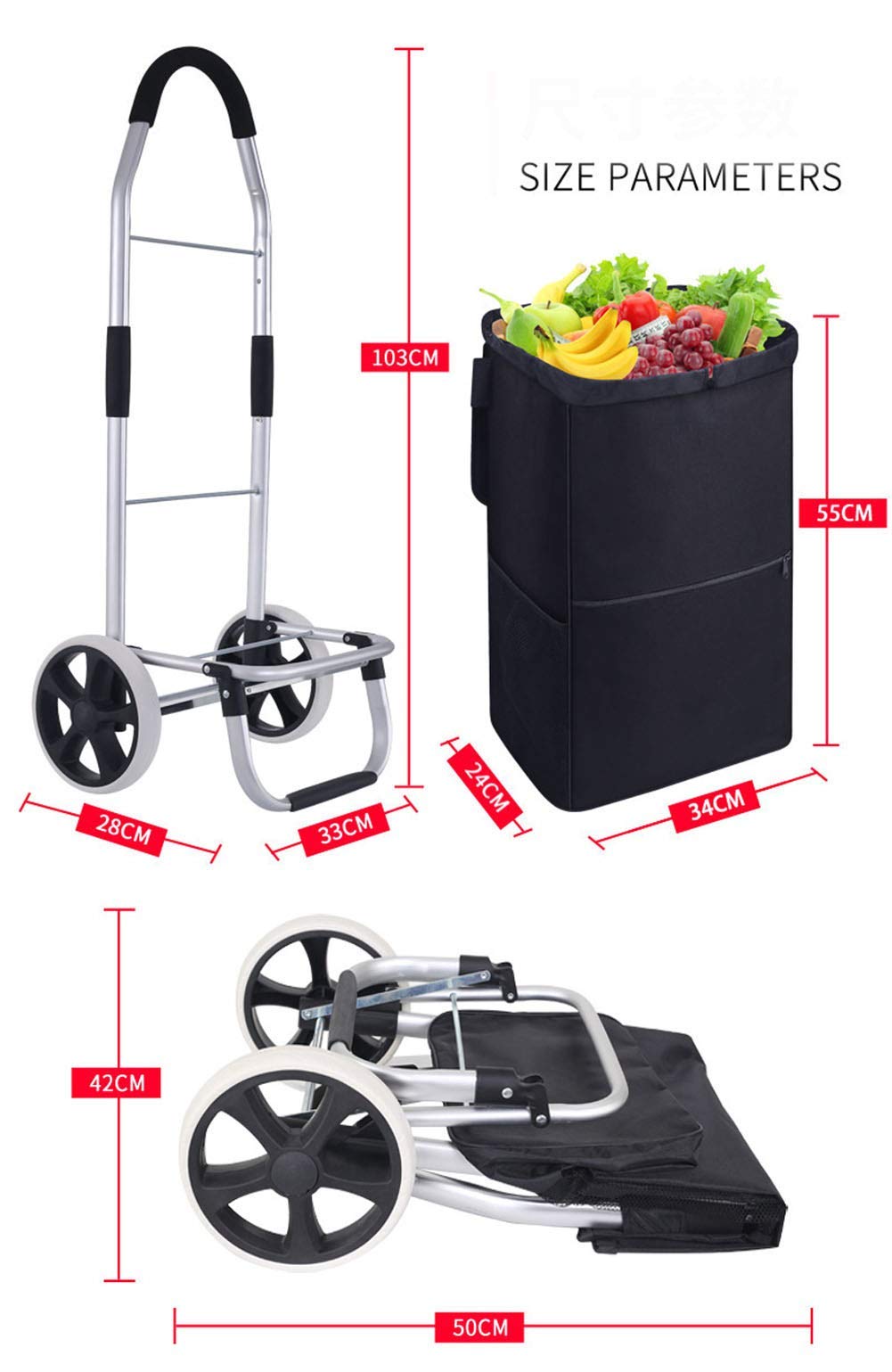 Collapsible Folding Wagon Cart - Heavy Duty 2-Wheel Shopping Trolley with Removable Waterproof Grocery Bag | Foldable Compact Design for Grocery Shopping, Beach Trips, Camping & Outdoor Activities