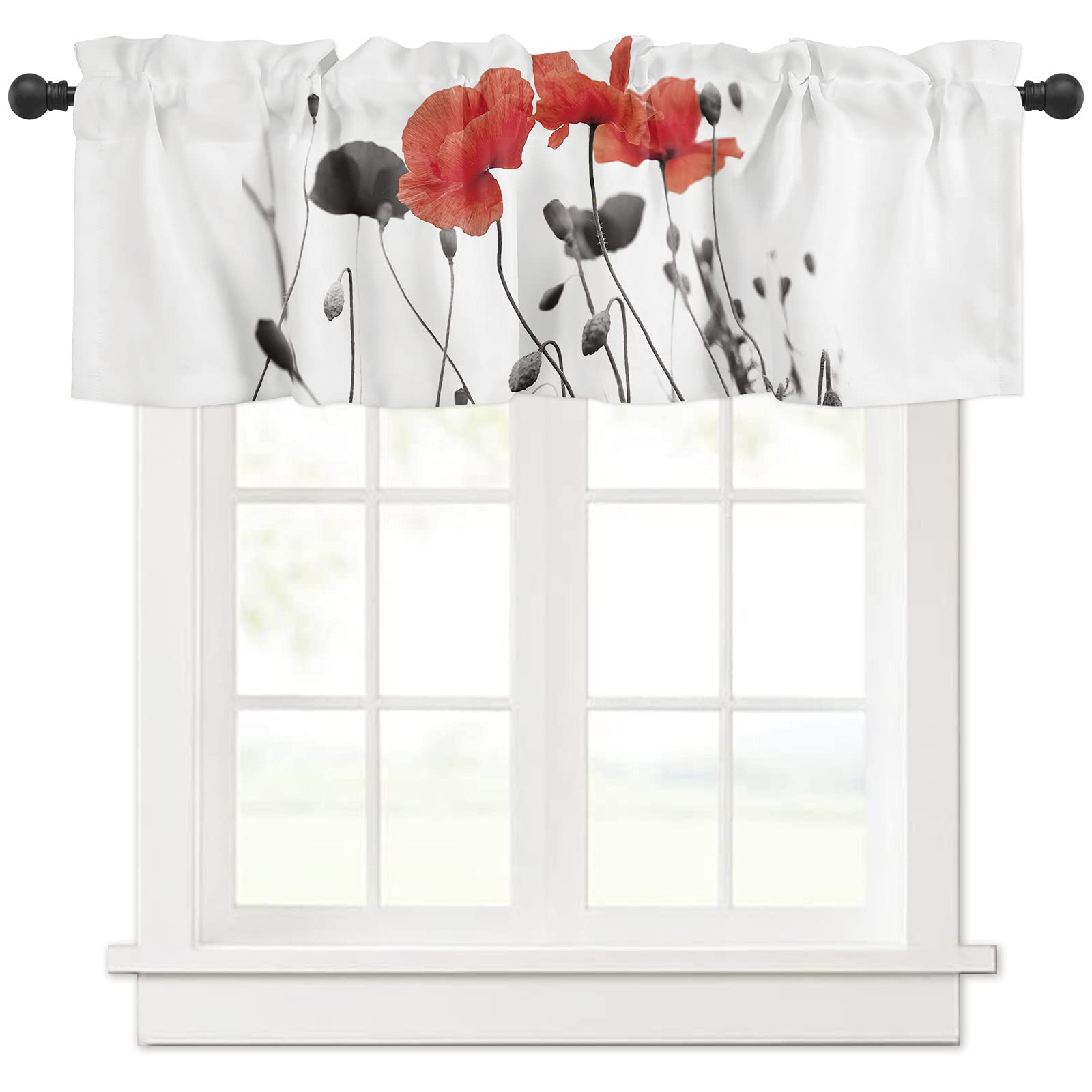Red Poppy Theme Kitchen Curtain Valance - Rod Pocket Short Window Treatment, Grey Window Valance for Living Room & Bathroom Decor - 54x18 Inches, 1 Panel - Perfect for Farmhouse, Cottage & Vintage Style Homes