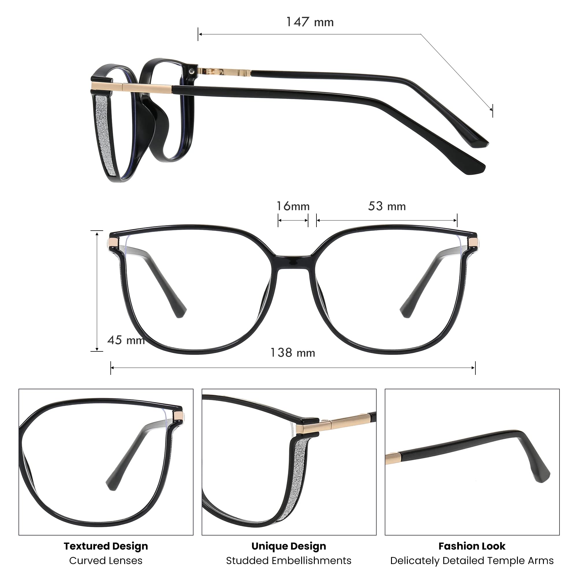 GUDVUE Blue Light Blocking Glasses for Computer, Gaming & Phone Use - Anti Glare, UV400 Protection, Reduce Eye Strain - Oversized Square Frame (Black Gold) - Perfect for Office Work, Online Classes & Nighttime Screen Use