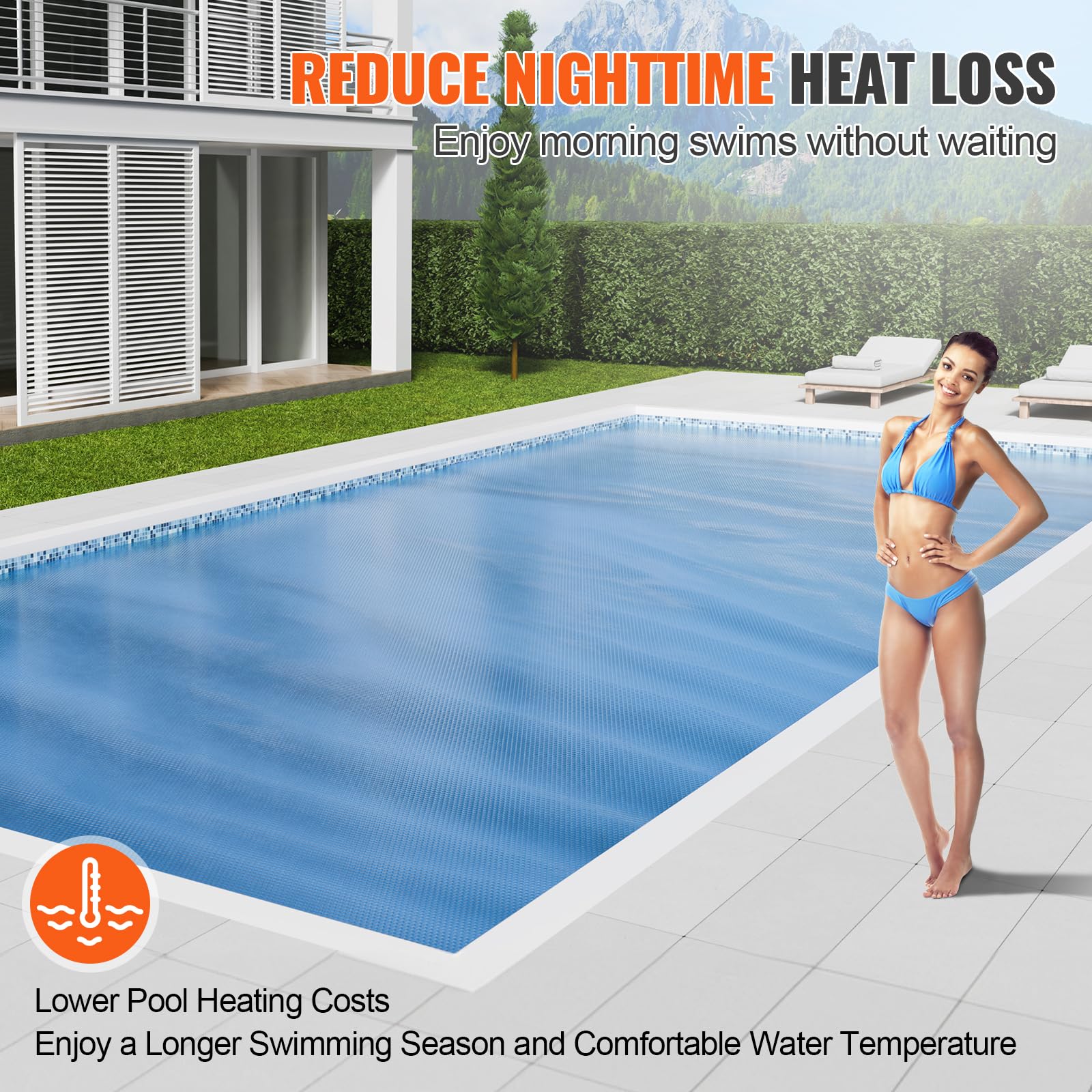 VEVOR 32 x 16 ft Rectangle Solar Pool Cover - 12 Mil Thick Blue Bubble Solar Blanket for Inground & Above Ground Swimming Pools | Heat Retention & Energy Saving | Perfect for Summer Pool Heating & Winter Protection