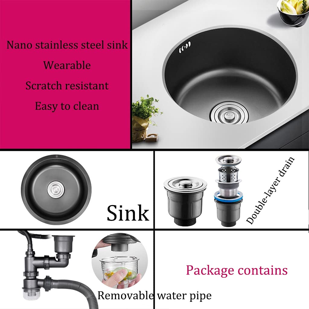 Black Round 304 Stainless Steel Kitchen Sink - Drop-In/Undermount for Bar Counter & Vegetable Washing (28×17cm)