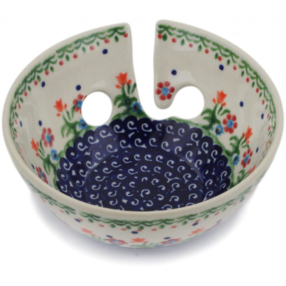 Handmade Polish Pottery Yarn Bowl - 6 Inch Ceramic Crochet Accessory with Spring Flower Design - Perfect for Knitting, Crocheting & Crafting Projects