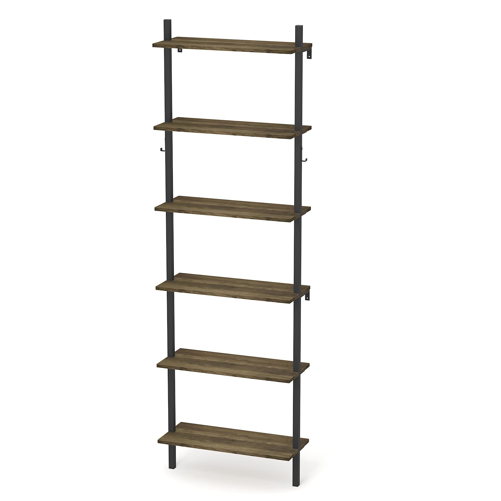 Kiimeey 6-Tier Vintage Industrial Wall Mounted Bookcase with Hooks - Open Tall Shelf for Living Room, Bedroom & Office Storage (Acorn Finish)