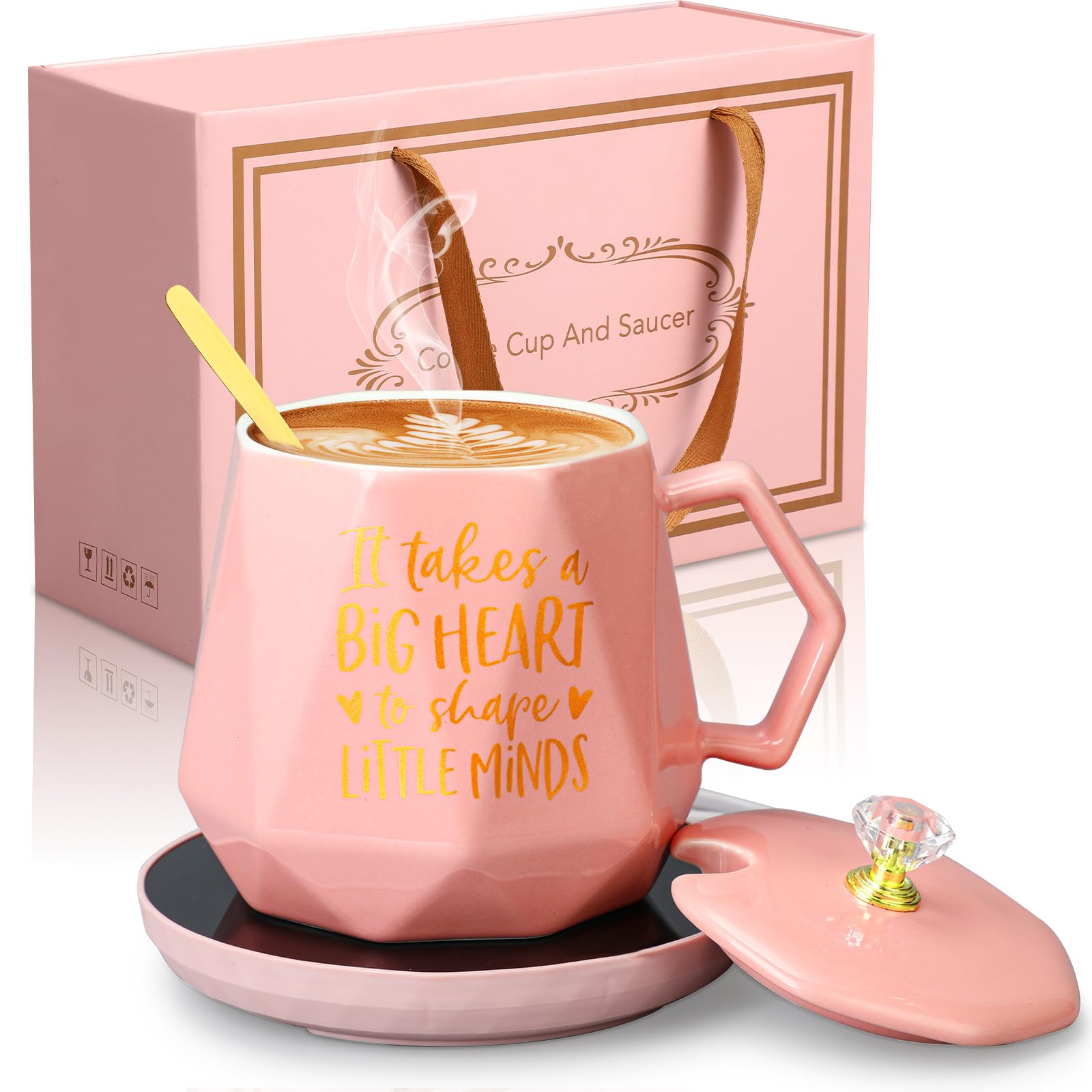 Electric Coffee Mug Warmer Set - 13.5 oz Teacher Appreciation Gift with 'It Takes a Big Heart to Shape Little Minds' Quote - Perfect for Teacher's Day, Women Educators & Teacher Week - Ideal for Classroom, Office or Home Use to Keep Drinks Warm