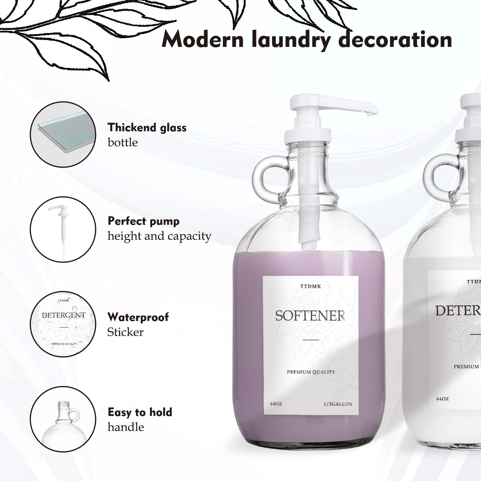 2-Pack Glass Laundry Detergent Dispenser Set with Pump - 64oz (Half Gallon) Each, Includes Measuring Cup, Funnel & Labels - Perfect for Liquid Soap Storage & Organized Laundry Room