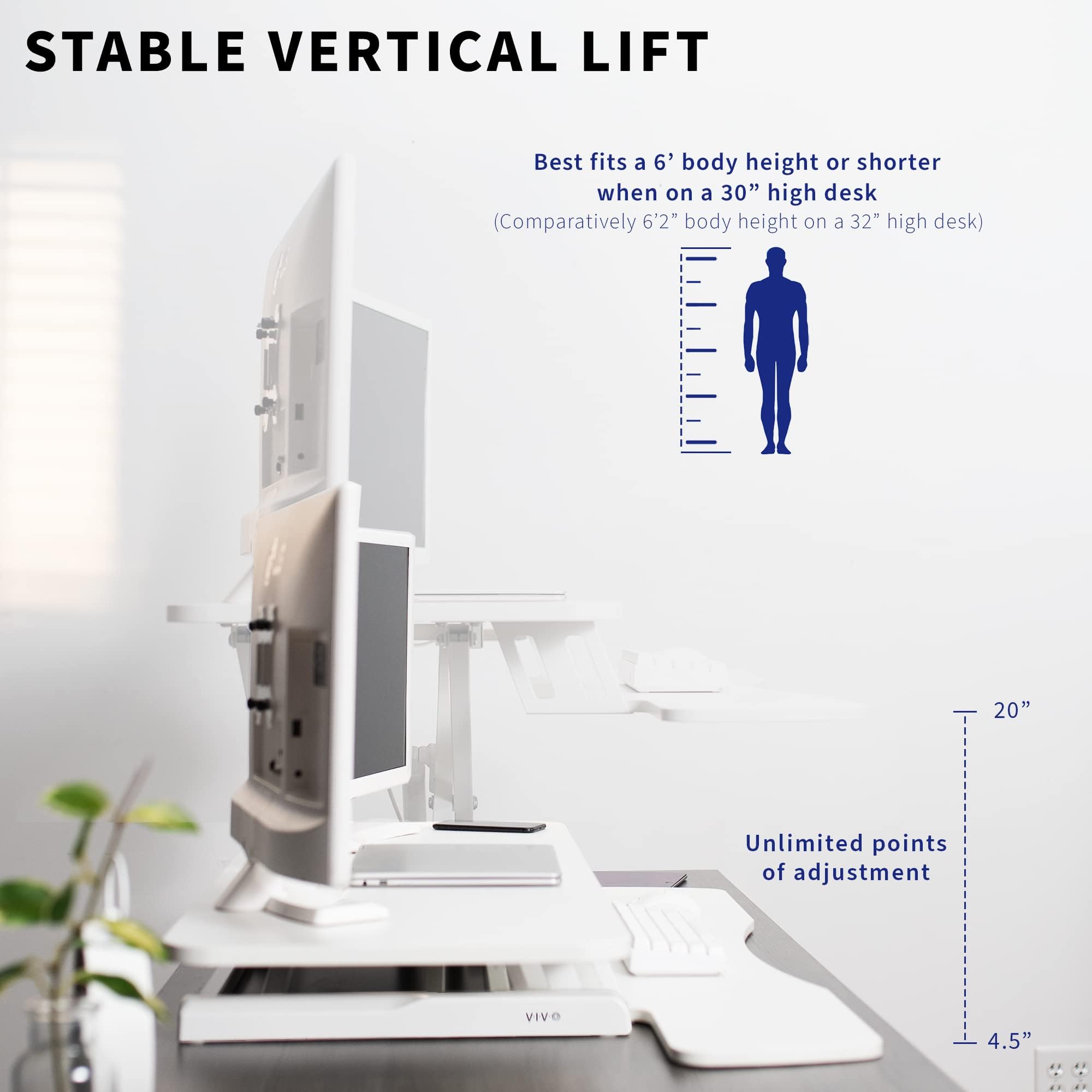 VIVO K Series 42 Inch Height Adjustable Sit to Stand Desk Converter - Dual Monitor & Laptop Workstation with Wide Keyboard Tray, White (DESK-V042KW) - Perfect for Home Office, Gaming Setup & Ergonomic Workspace