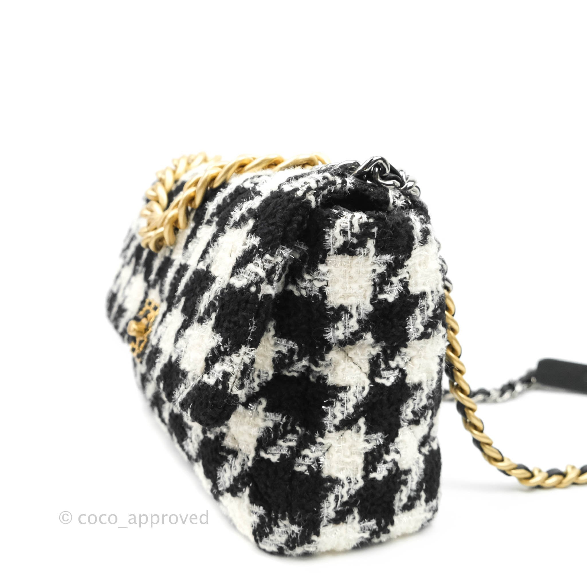 Chanel 19 Medium Flap Bag - Black & White Houndstooth Tweed with Mixed Hardware | Luxury Designer Handbag for Women, Perfect for Work, Parties & Special Occasions