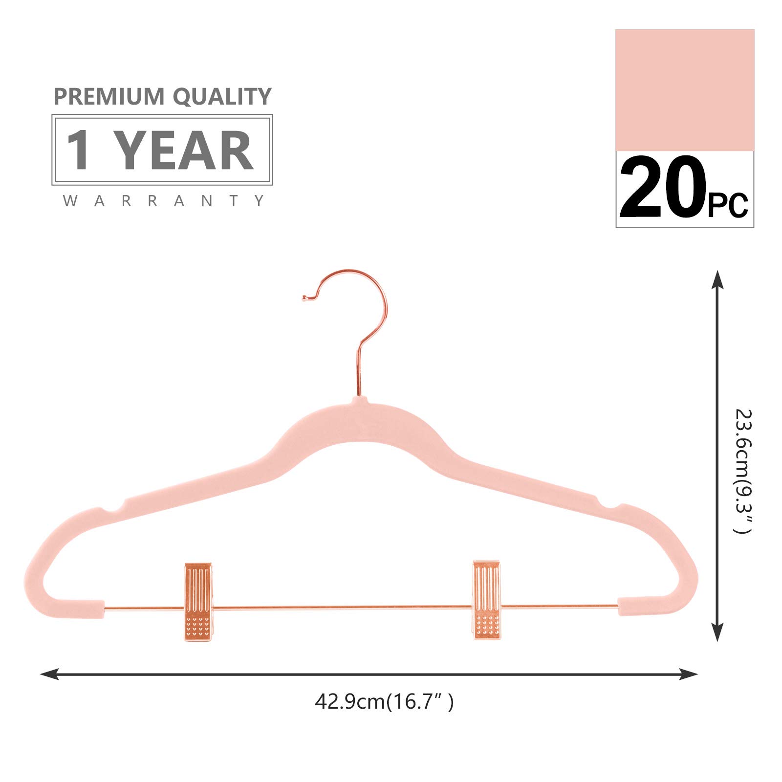 Premium Velvet Pants Hangers with Clips - Pack of 20 Non-Slip Slim Skirt & Dress Hangers - Blush Pink with Rose Gold Hooks - Space Saving Closet Organizer for Pants, Skirts, Dresses & Shirts - Perfect for Wardrobe Organization & Travel Packing