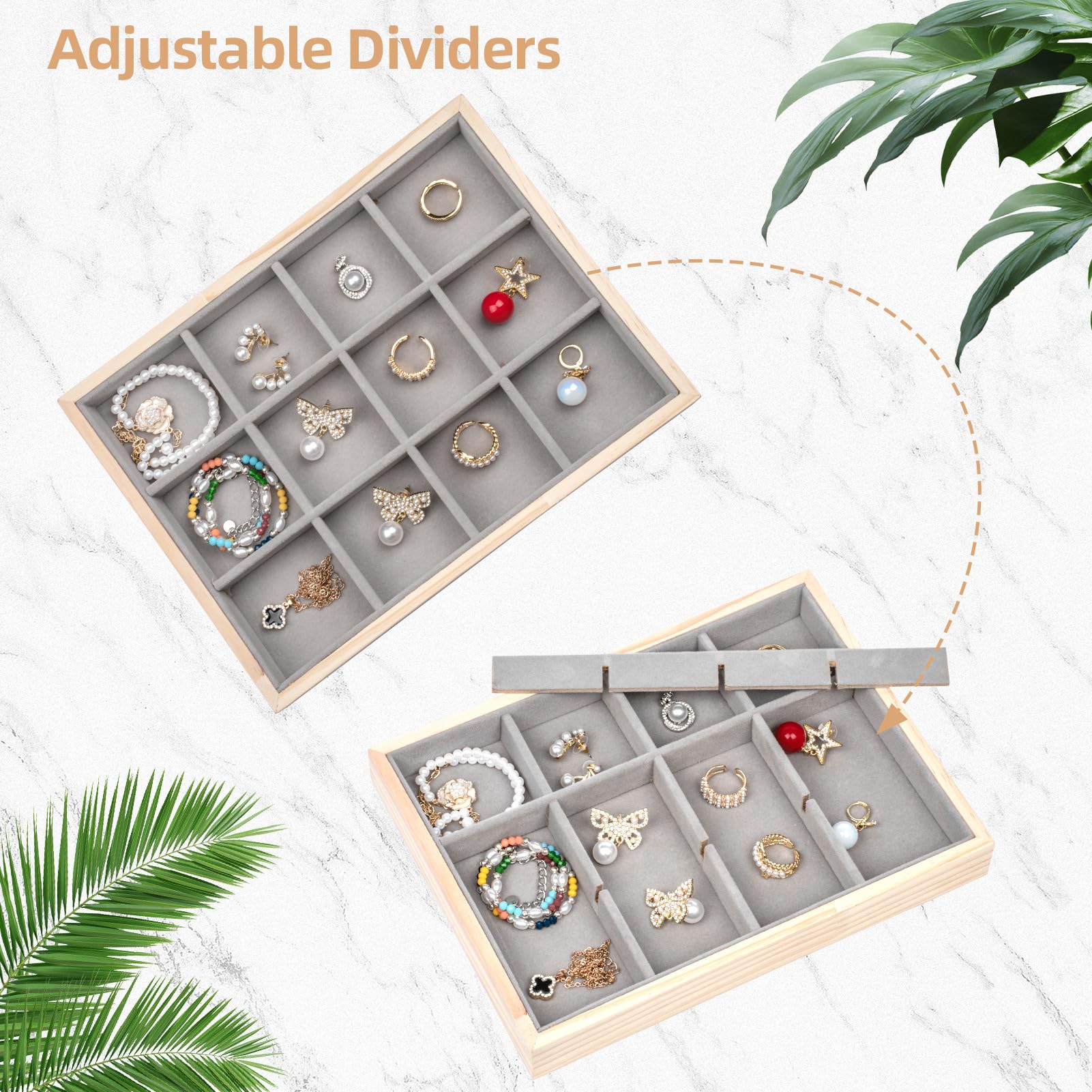Stackable Wooden Jewelry Tray Organizer Set of 4 - Drawer Inserts Jewelry Storage Box with Removable Dividers for Earrings, Necklaces, Rings & Bracelets - Perfect for Bedroom Vanity, Closet Organization & Travel Jewelry Case (Grey)
