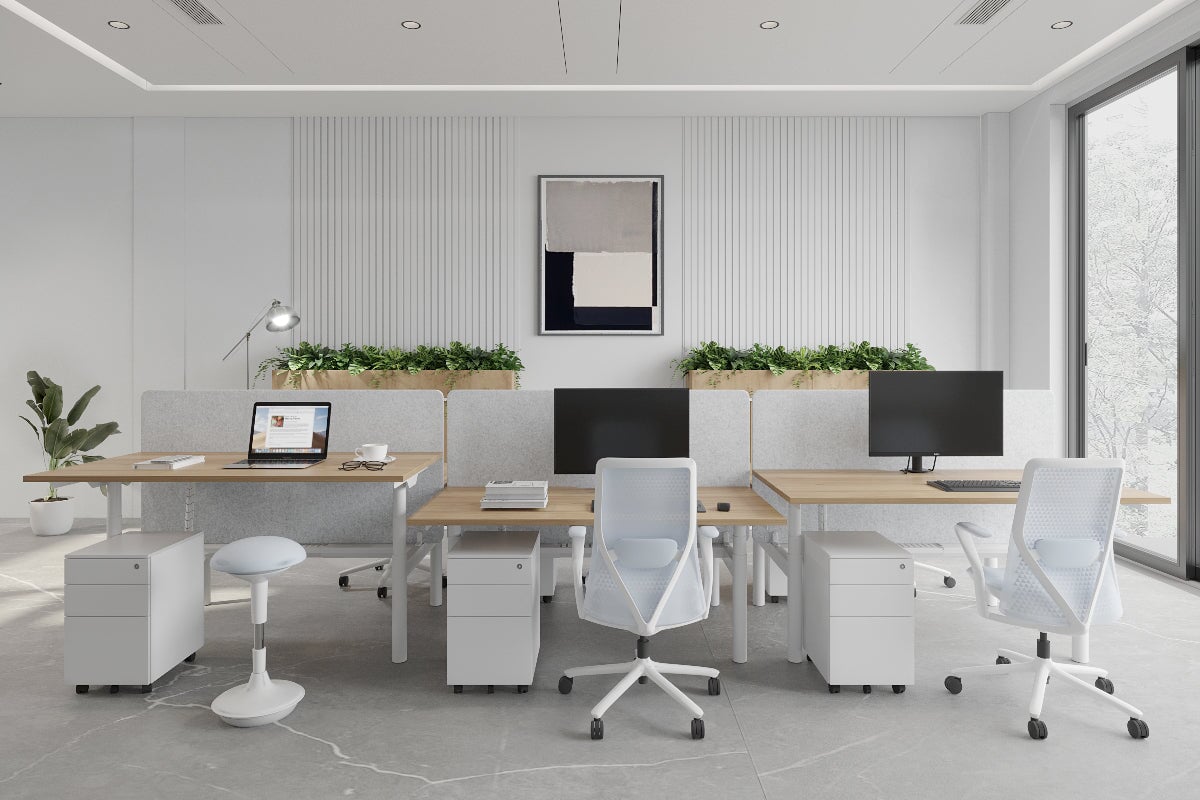 Flexi Premium Height Adjustable 6-Person Office Workbench - White Frame [1200L x 800W with Cable Management] - Ideal for Collaborative Workspaces, Home Offices & Coworking Environments