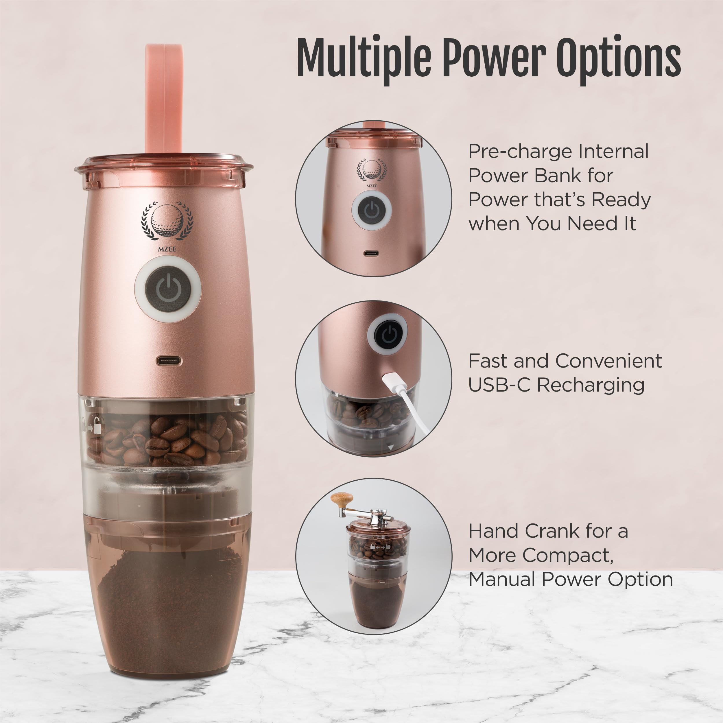 Premium Portable Burr Coffee Grinder - Electric & Manual 2-in-1 Adjustable Mill with 5 Precise Grind Settings for Espresso, Drip, Pour Over, Cold Brew & Percolator - Perfect for Home, Office & Travel (Gold)