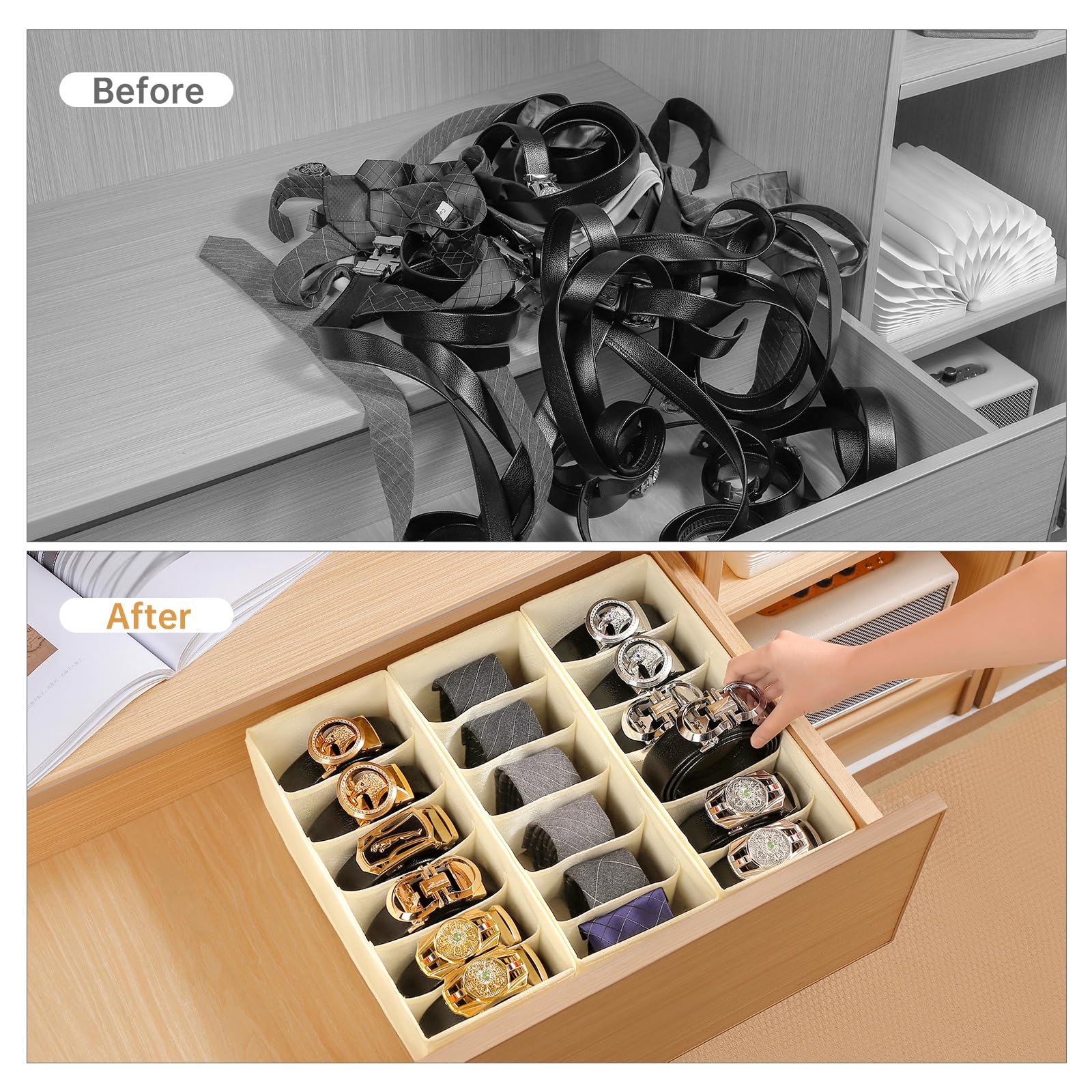 3-Pack Fabric Belt Organizer with 6 Grids - Foldable Closet & Drawer Storage for Belts, Ties, Scarves - Space Saving Dresser Organizer (Beige) | Perfect for Home, Office & Travel Organization