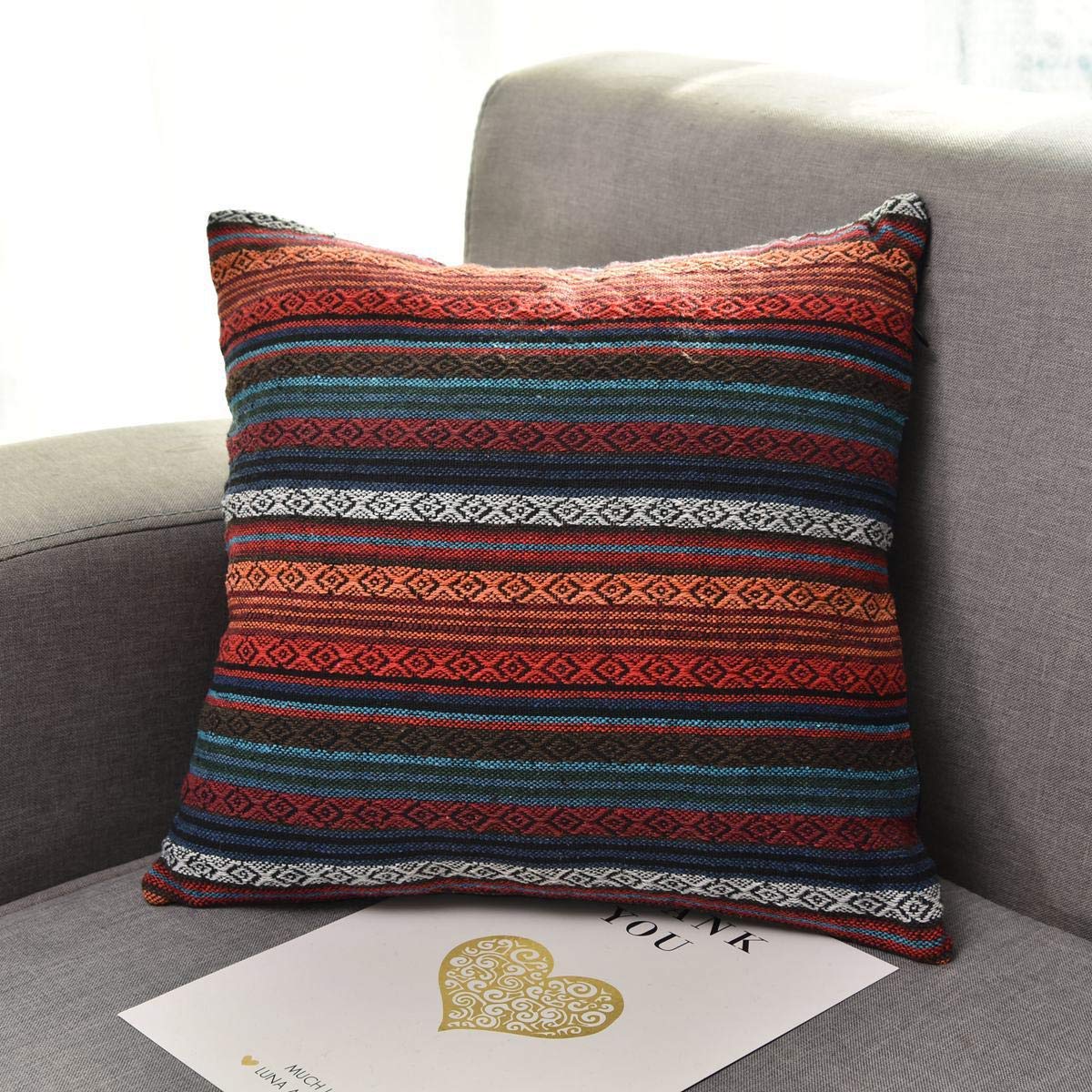 Freeas Set of 4 Bohemian Retro Stripe Decorative Throw Pillow Covers - Cotton Linen Blend Couch Sofa Bed Pillowcases for Living Room, Bedroom & Home Decor
