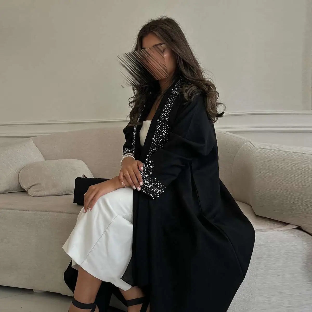 Hotfix Rhinestone Cardigan Open Abaya Dress #24169 - Elegant Muslim Women's Fashion for Parties, Weddings & Special Occasions