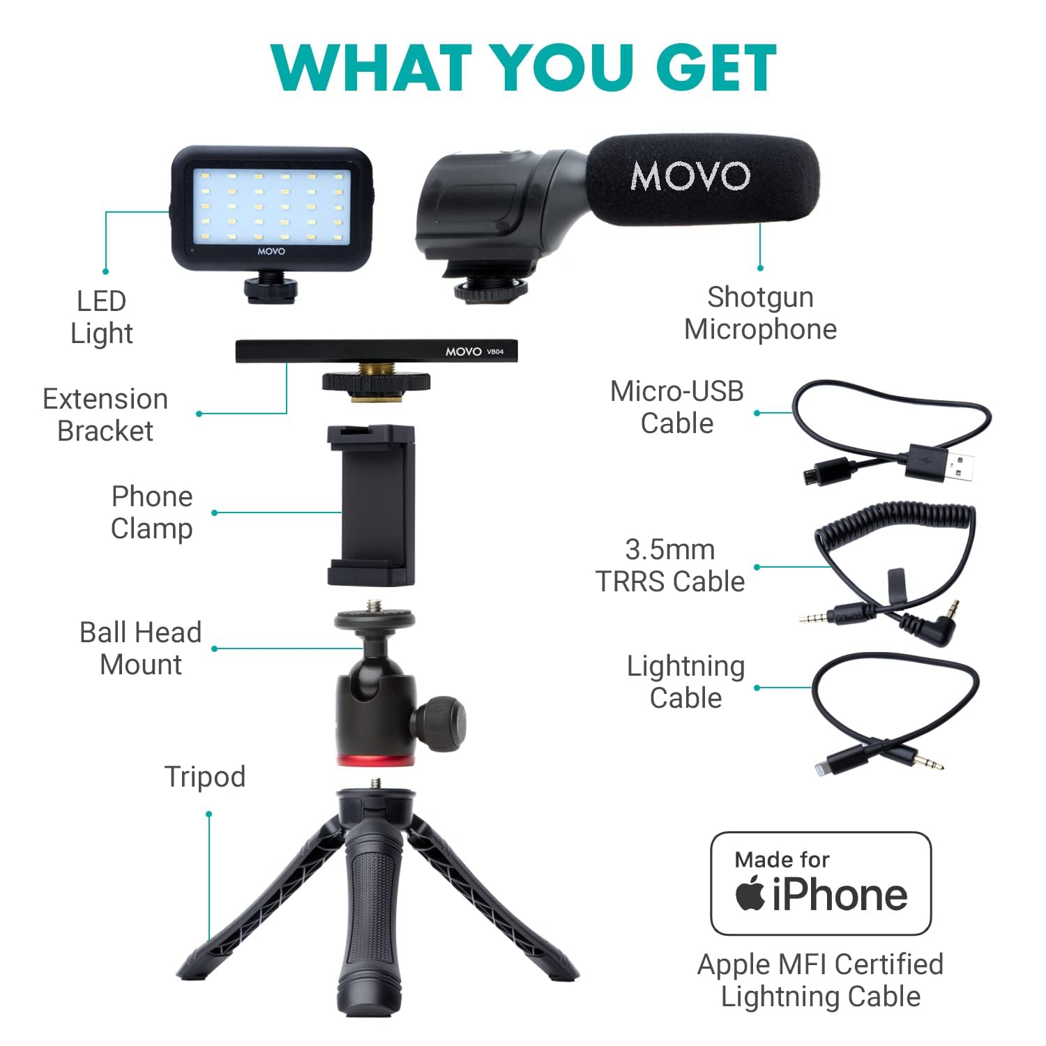 Movo iVlogger Vlogging Kit for iPhone with Tripod, Mount, LED Light & Microphone - YouTube Starter Kit for Content Creators - Perfect for Vlogging, Live Streaming & Social Media Content Creation (Lightning Compatible)