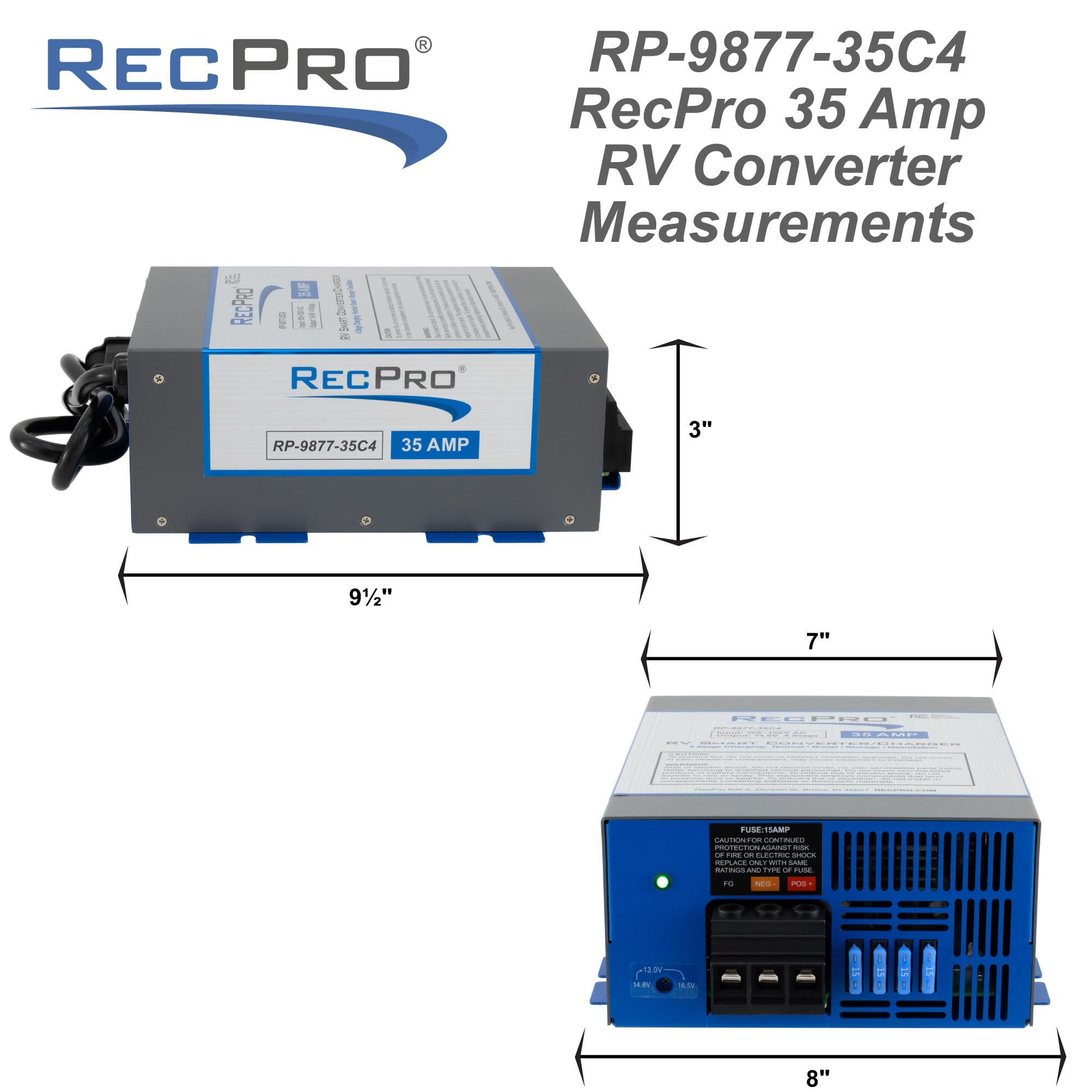RecPro 35 Amp RV Power Converter & Battery Charger - 4 Stage Smart Charging, 120VAC to 12VDC, 13V-16.5V Range - Perfect for RV, Camper, Travel Trailer & Marine Power Conversion