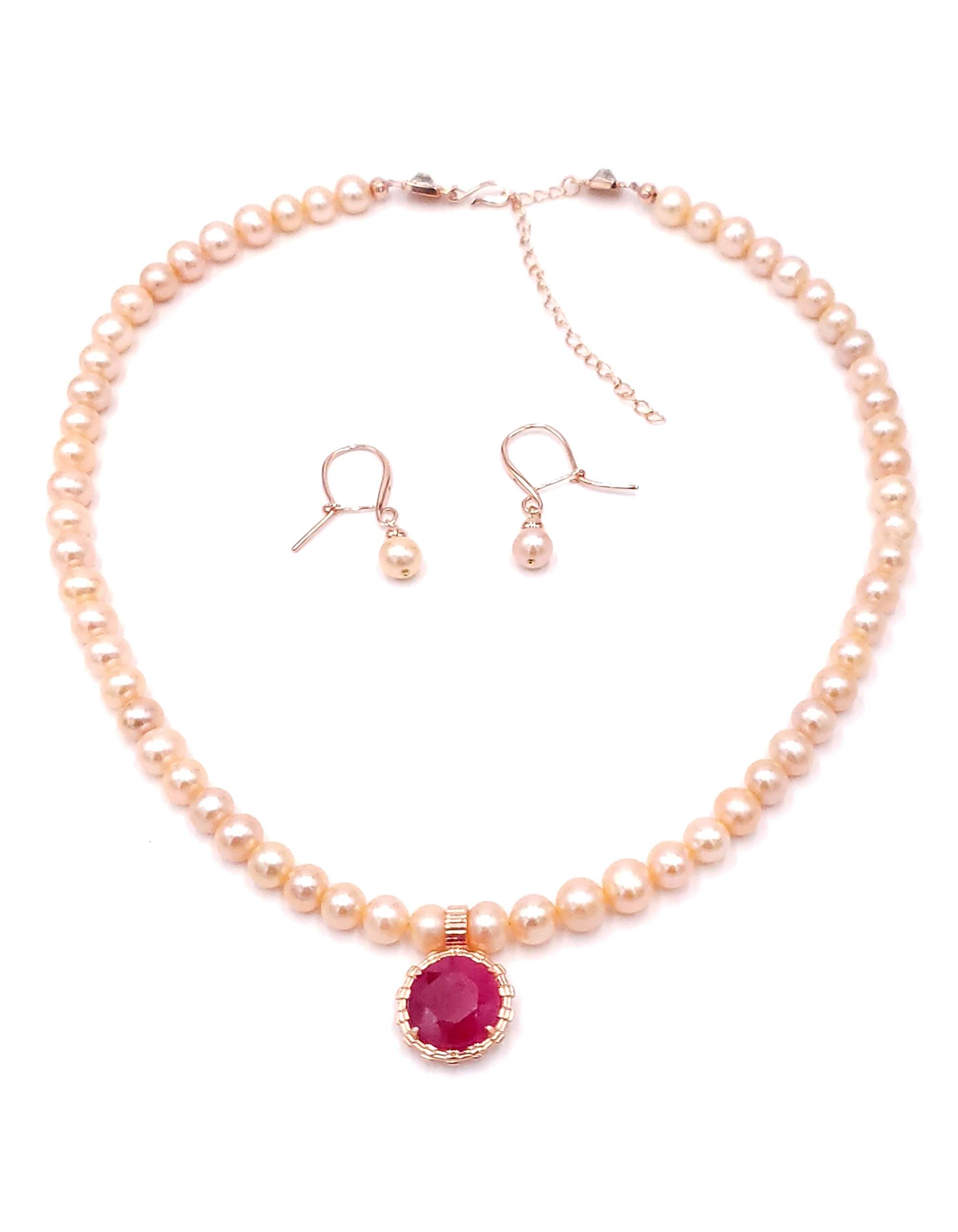 Peach Pearl & Natural Ruby Pendant Necklace Set - July Birthstone Jewelry, Bridal & Valentine's Day Gift for Her by Uniquelan | Perfect for Weddings, Anniversaries & Special Occasions