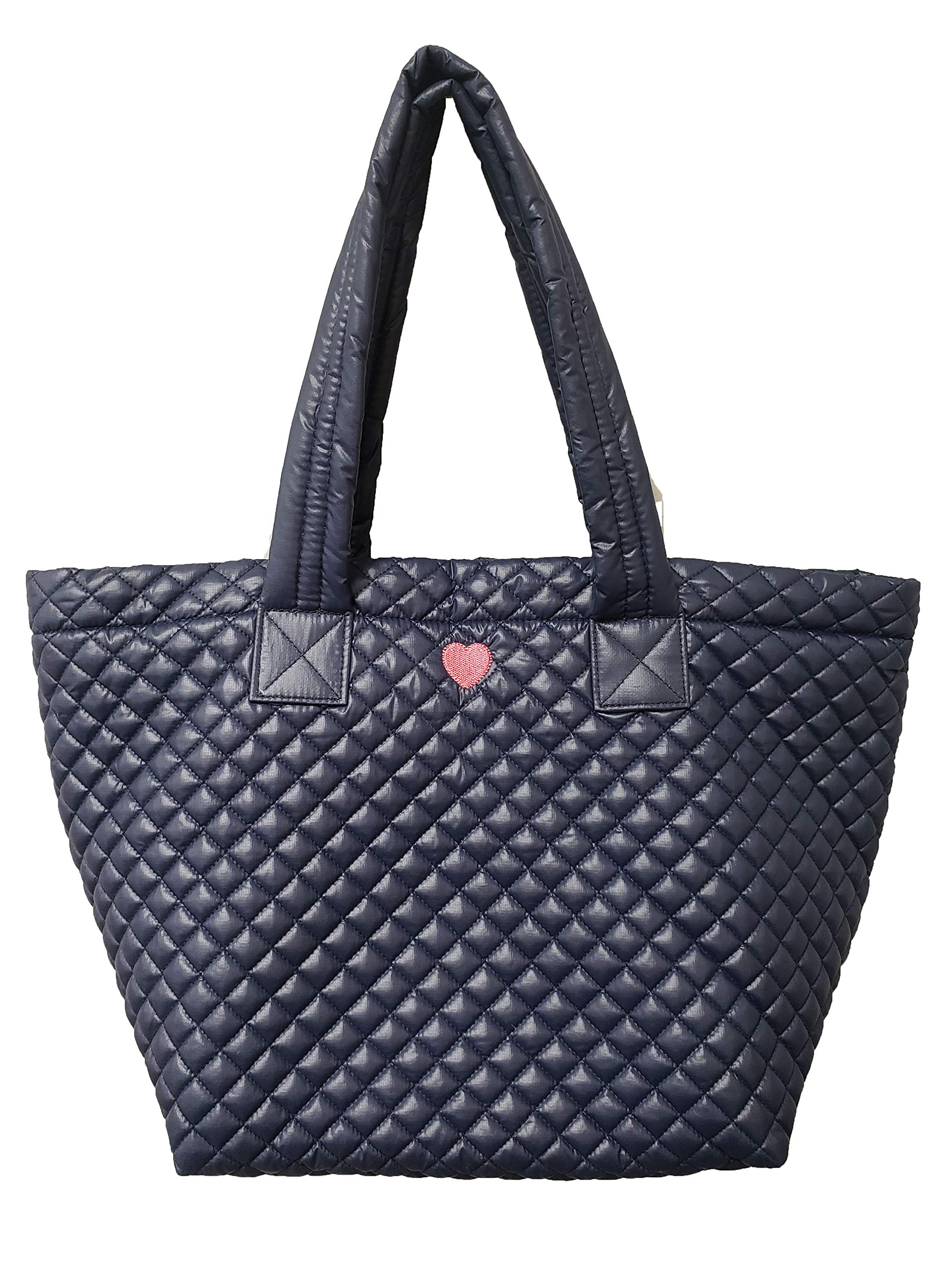 Stylish Navy Quilted Tote Bag with Love Heart Embroidery - Lightweight, Water Repellent & Includes Pouch - Perfect for Work, Travel & Everyday Use