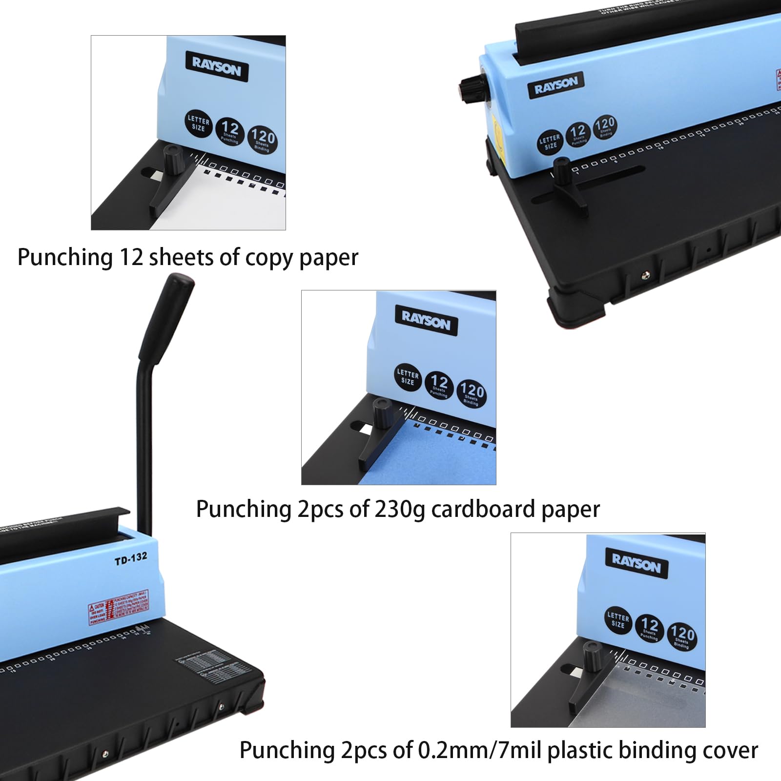 Rayson TD-132 32-Hole Wire Binding Machine with Spiral Coil Binder | 3:1 Pitch | Punches 12 Sheets & Binds 120 Pages | Durable Metal Construction | Perfect for Office, School, and Home Document Binding Projects