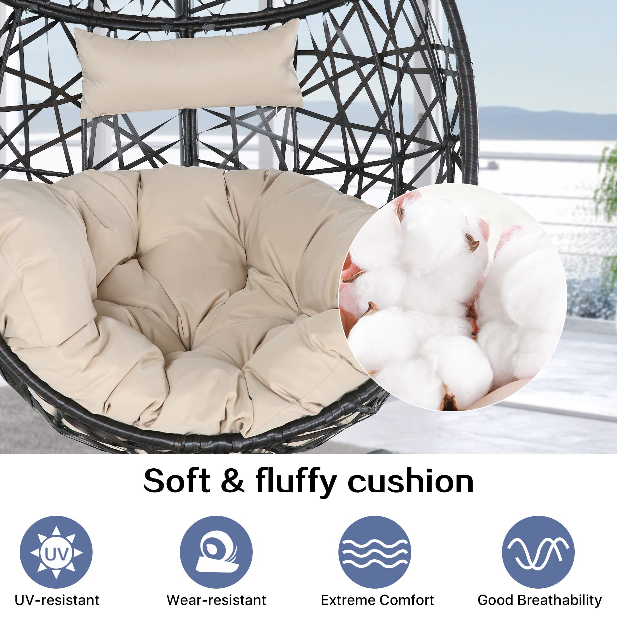 Outdoor Wicker Hanging Egg Chair with Cushion & Stand - Patio Swing Hammock for Garden, Balcony, Backyard - Beige Relaxation Chair for Porch, Poolside & Outdoor Lounging