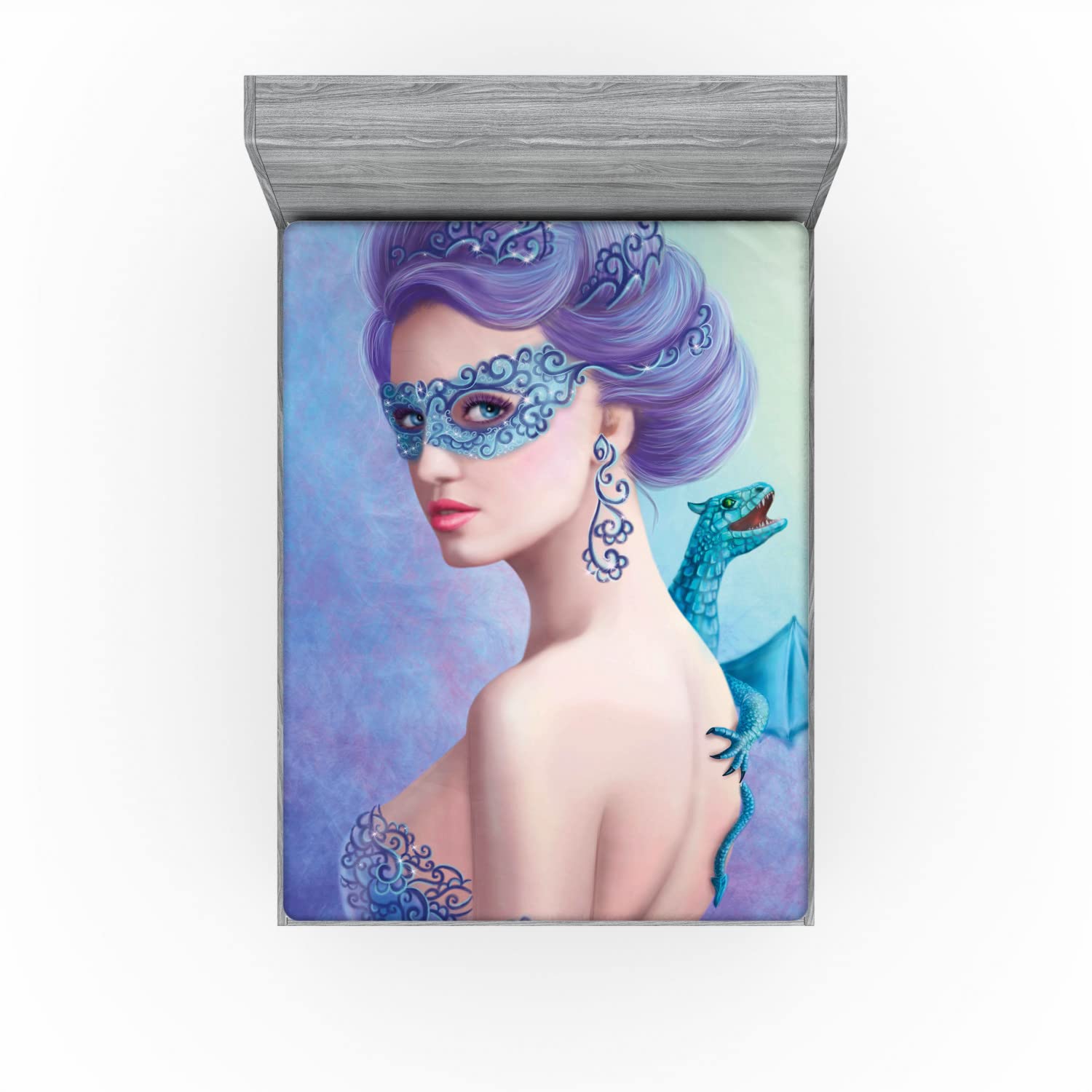 Ambesonne Winter Fitted Sheet Queen Size - Fantasy Snow Queen & Dragon Illustration Print, Deep Pocket All-Around Elastic Bed Cover - Violet Blue Pale Green | Cozy Bedroom Upgrade for Cold Weather & Fantasy Themed Decor