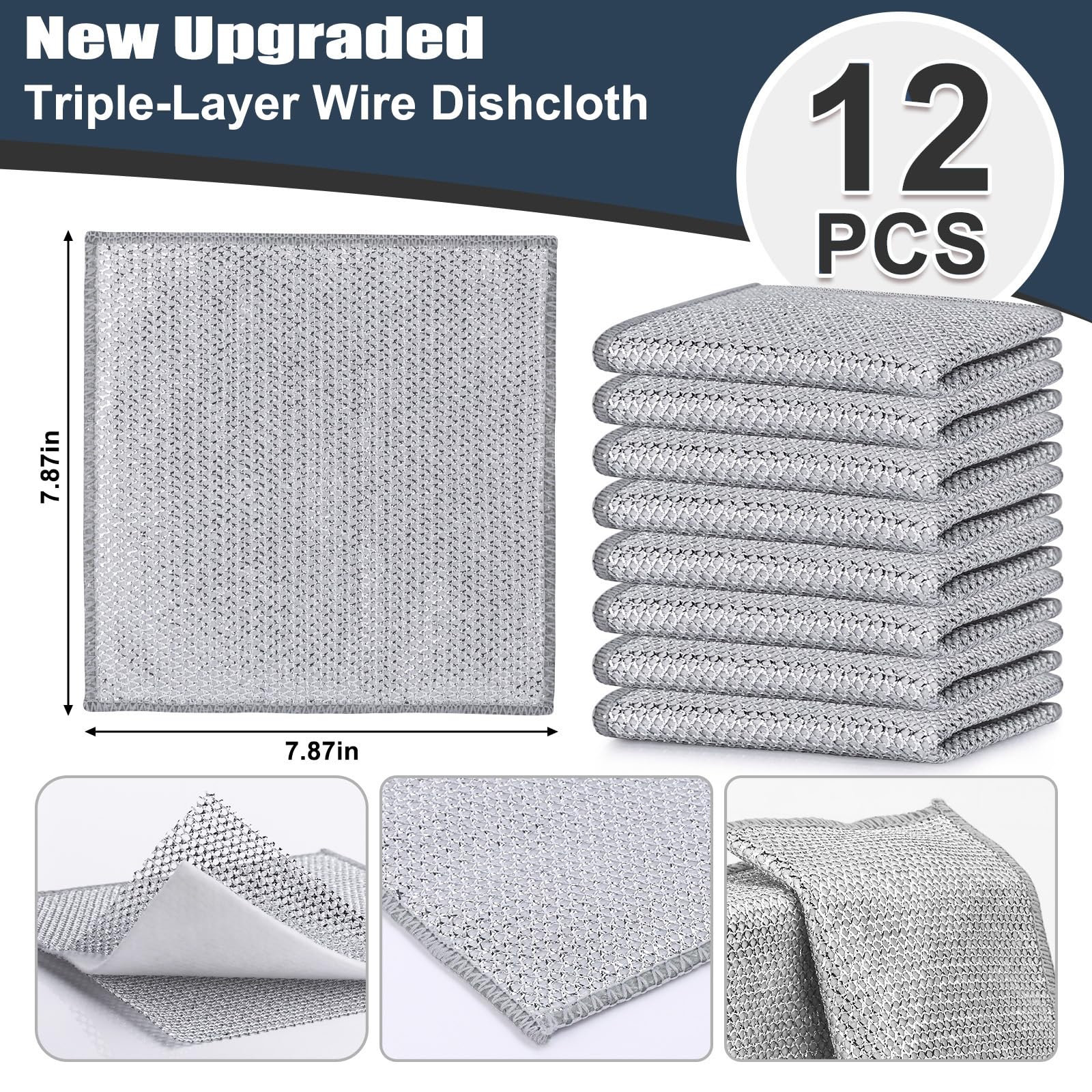 12-Pack Navona Premium Steel Wire Dishcloths - Triple-Layer Non-Scratch Cleaning Pads for Pots, Pans, Cookware & Stove Tops | Heavy-Duty Scouring Pads for Kitchen, Sink & Dish Cleaning | Rustproof & Durable for Daily Use