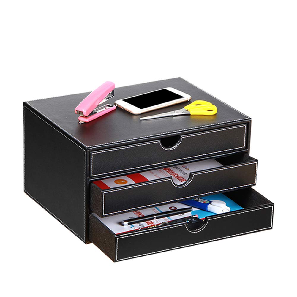 Ayunga 3-Drawer Leather Desk Organizer - Executive Office File Cabinet for A4 Documents, Stackable Storage Box for Jewelry, Bills & Makeup | Home & Office Organization Accessories (Black) - Perfect for Workspace, Study Desk & Vanity Organization