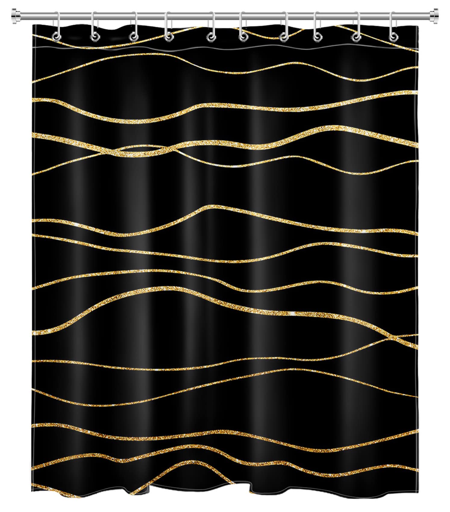 Black and Gold Wave Stripe Luxury Shower Curtain - 60x72 Inches Polyester Fabric Bathroom Decor with Hooks | Minimalist Bath Accessories for Modern & Elegant Bathrooms