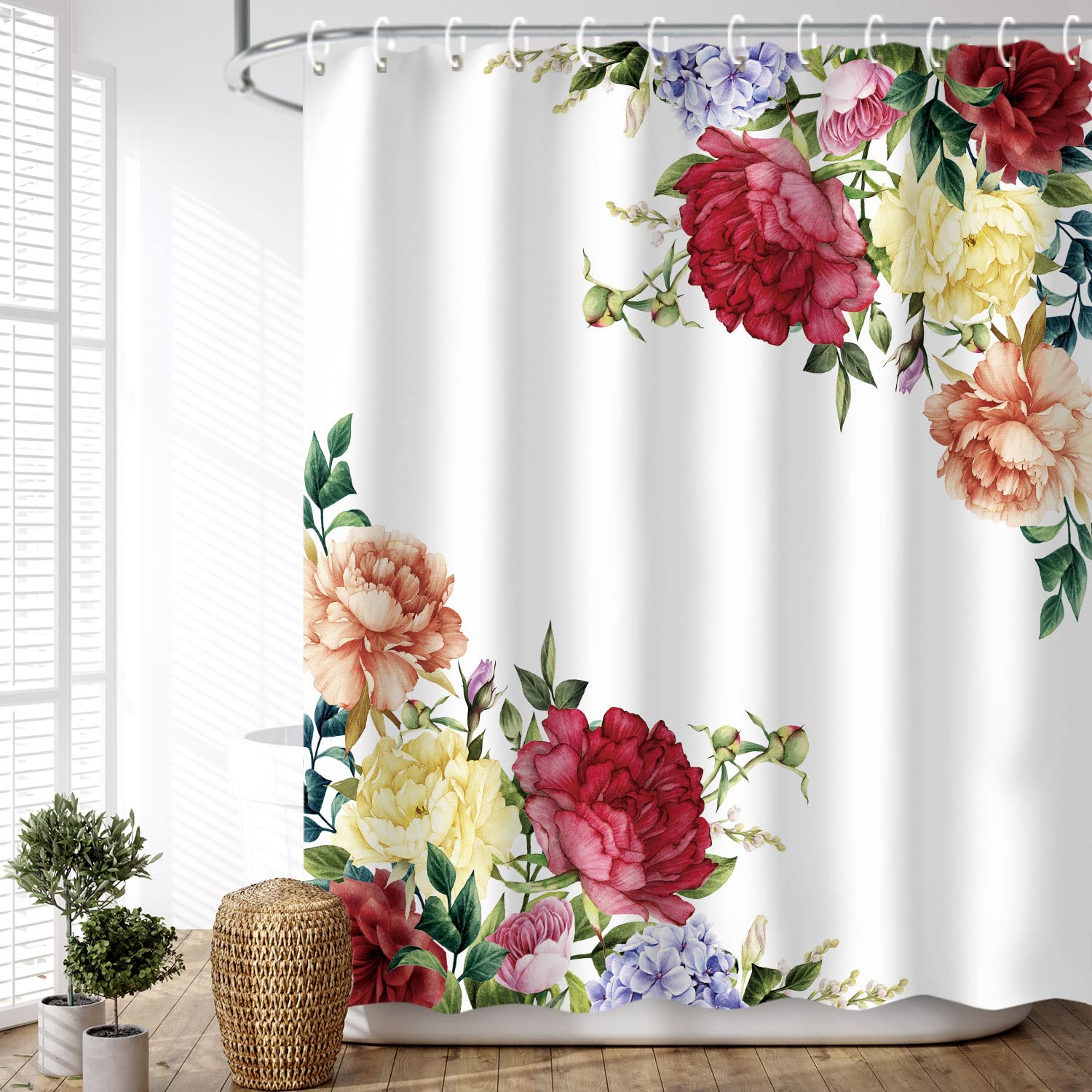 LIVILAN Peony Shower Curtain Set with 12 Hooks - Waterproof Floral Bathroom Decor in Pink, 72x78 Inches - Perfect for Modern Bathrooms, Guest Baths & Spa-Style Retreats