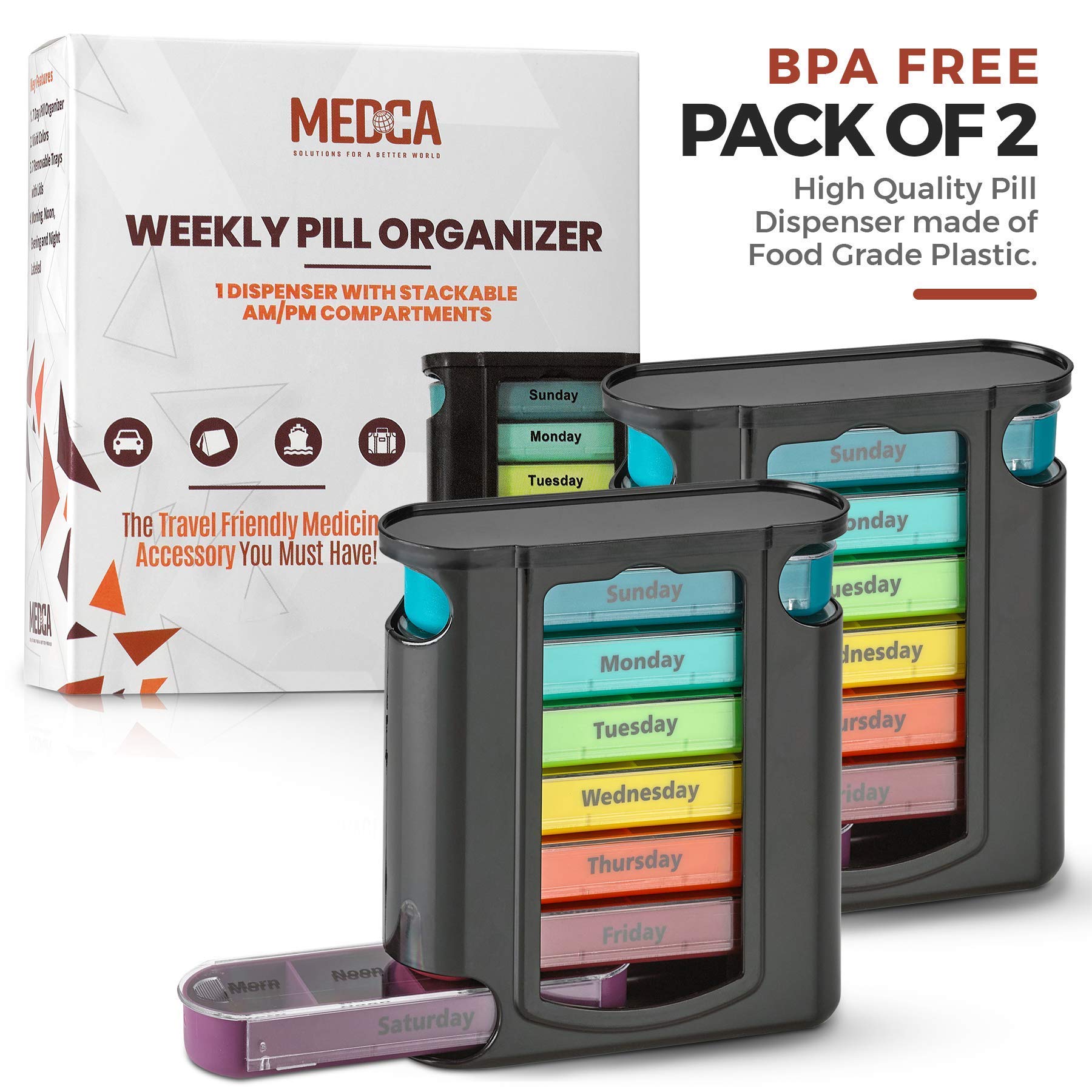 Premium Stackable Daily Pill Organizer 2-Pack - 7-Day AM/PM Weekly Medication Reminder with 4 Daily Compartments - Ideal for Vitamins, Supplements & Travel - Perfect for Home, Office & Vacation Use