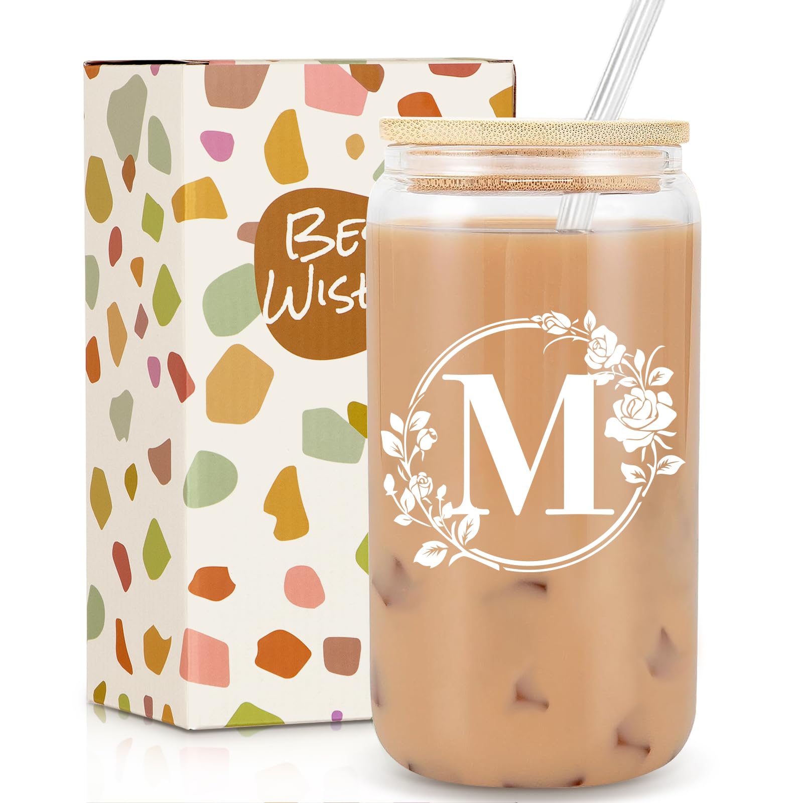 Personalized Monogrammed Initial Glass Cup - 16oz Iced Coffee & Beer Can Shaped Glass with Lid & Straw - Unique Birthday & Christmas Gifts for Women - Perfect for Home, Office & Party Drinks