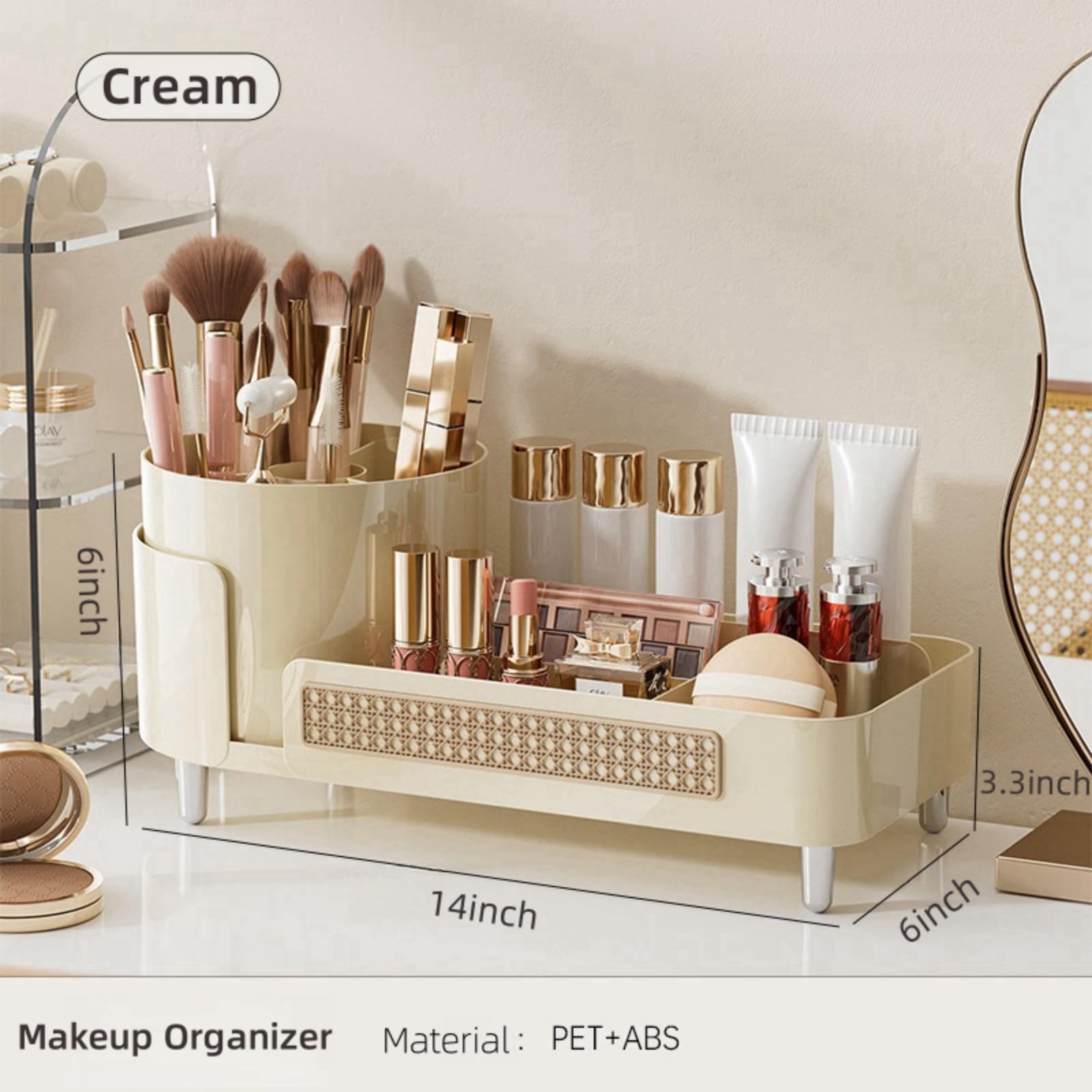2-in-1 Rotating Makeup Organizer with Large Capacity - Vanity Countertop Cosmetic Storage Display Case for Bathroom & Dressing Table (Cream) | Perfect for Organizing Lipsticks, Brushes & Skincare Products