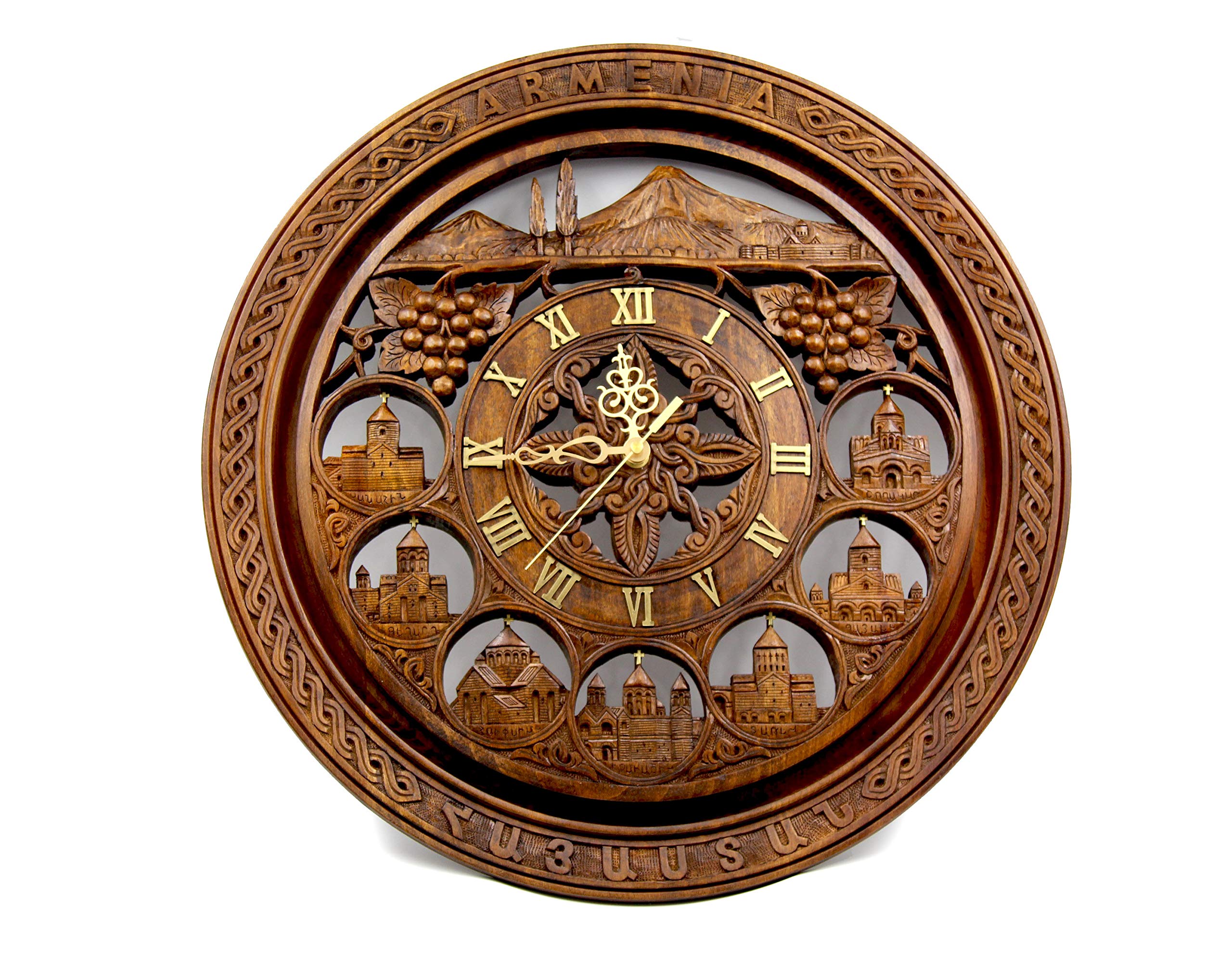 Handmade Carved Wooden Clock with Armenian Ornament - Ararat Mountain Wall Decor, Unique Wood Art Gift for Home, Office & Cabin Decorations