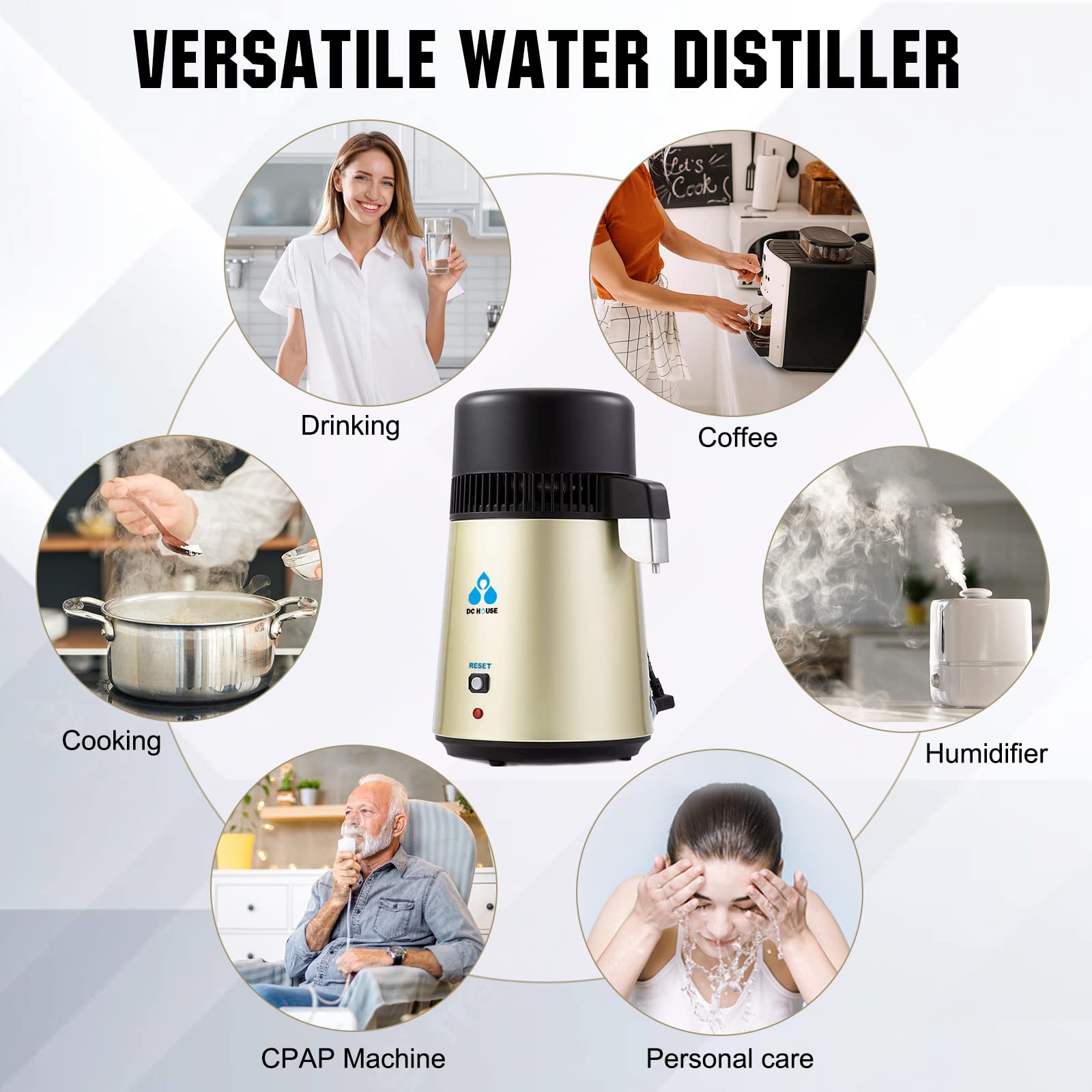 DC HOUSE 1 Gallon Water Distiller Machine - 304 Stainless Steel 4L Countertop Distiller with Glass Container, 750W for Pure Drinking Water - Perfect for Home, Office, and Emergency Preparedness