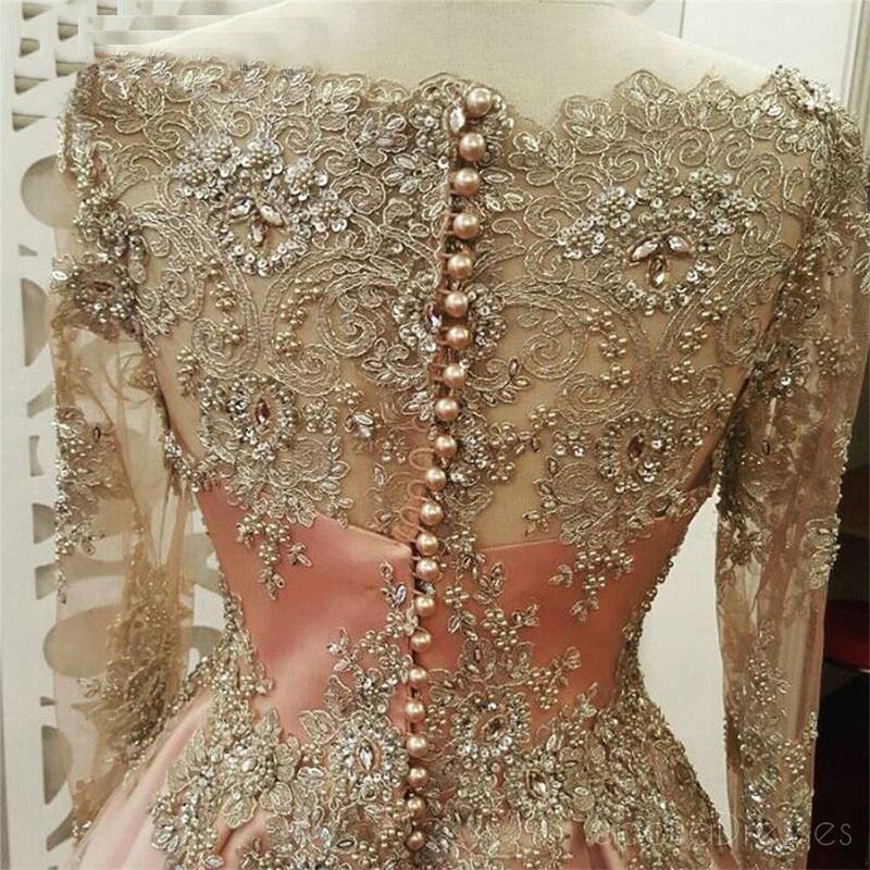 Elegant Long Sleeve Gold Lace Beaded Pink Evening Prom Dress for Sweet 16 | Formal Gown for Homecoming, Ball, Quinceañera & Special Occasions