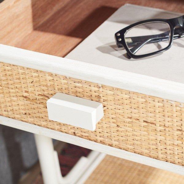 Natural Bamboo & Rattan Nightstand with Drawer - White Wooden Bedside Table for Bedroom, Living Room, or Nursery Storage