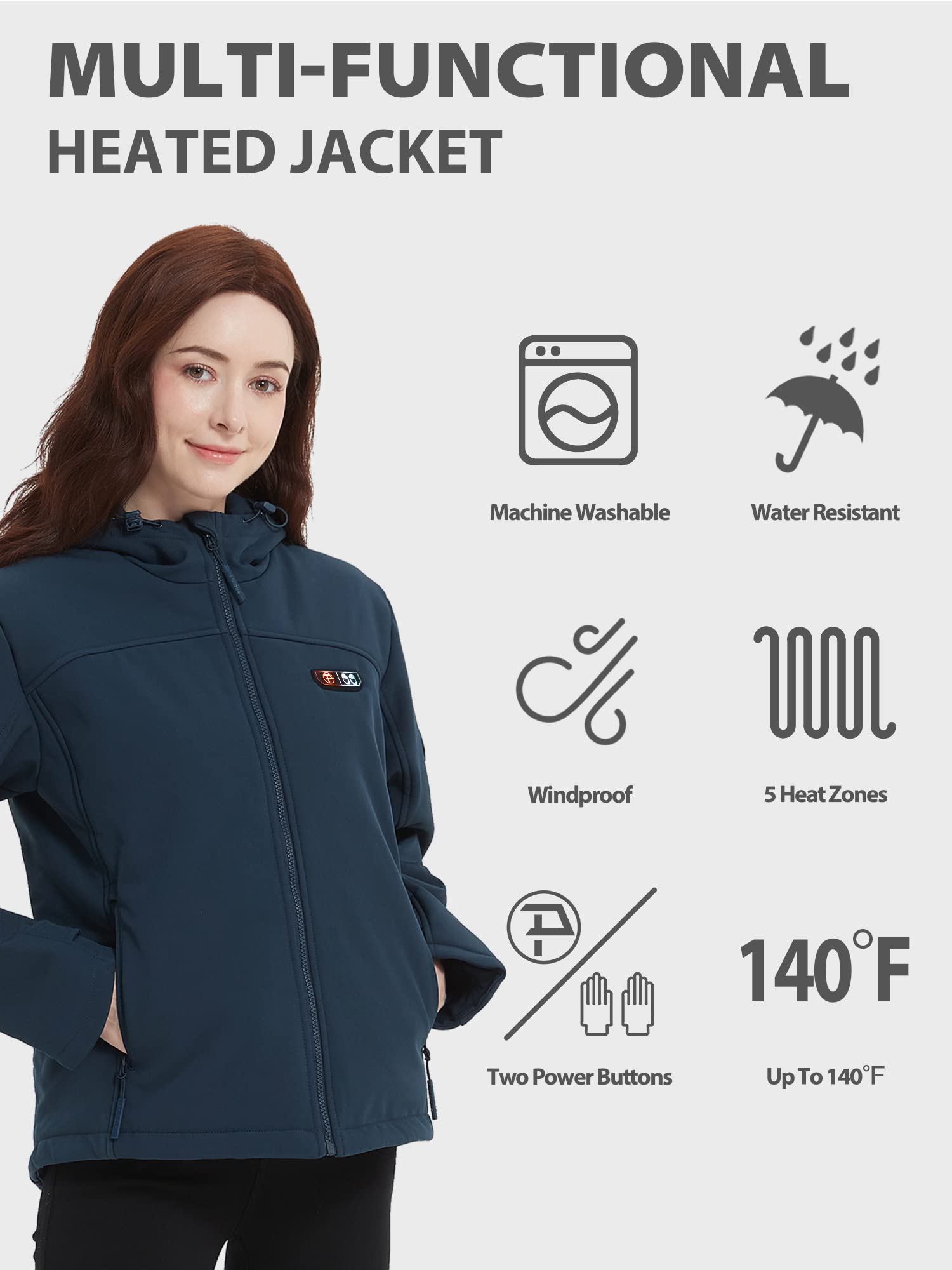 PTAHDUS Women's Heated Jacket with 5 Adjustable Heat Zones & Battery Pack - Winter Warm Coat with Hand Warmer Pockets for Outdoor Activities, Skiing, Hiking & Cold Weather Commuting