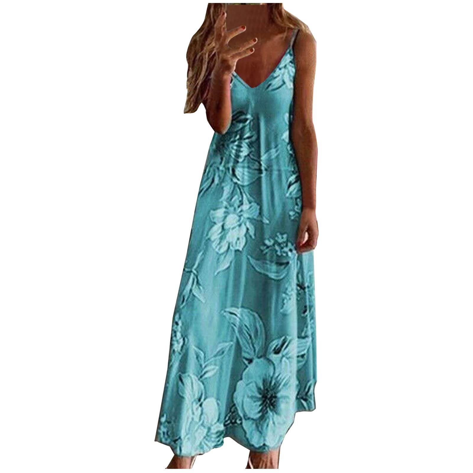 Anuyalue Women's Summer Maxi Dress 2022 - Casual Sleeveless Spaghetti Strap Boho Floral Beach Dress with Sexy V-Neck | Perfect for Vacations, Beach Outings & Summer Parties