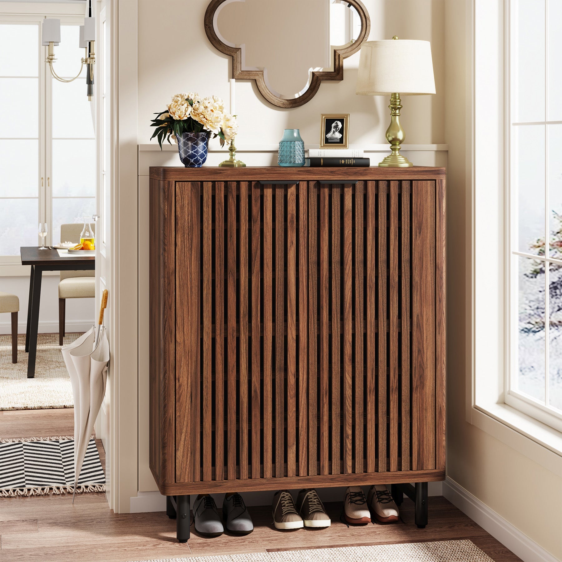 6 Tier Wooden Shoe Cabinet with Louvered Doors & Adjustable Shelves - Space Saving Entryway Storage Organizer for Shoes, Boots & Home Decor - Perfect for Hallway, Closet & Apartment Living