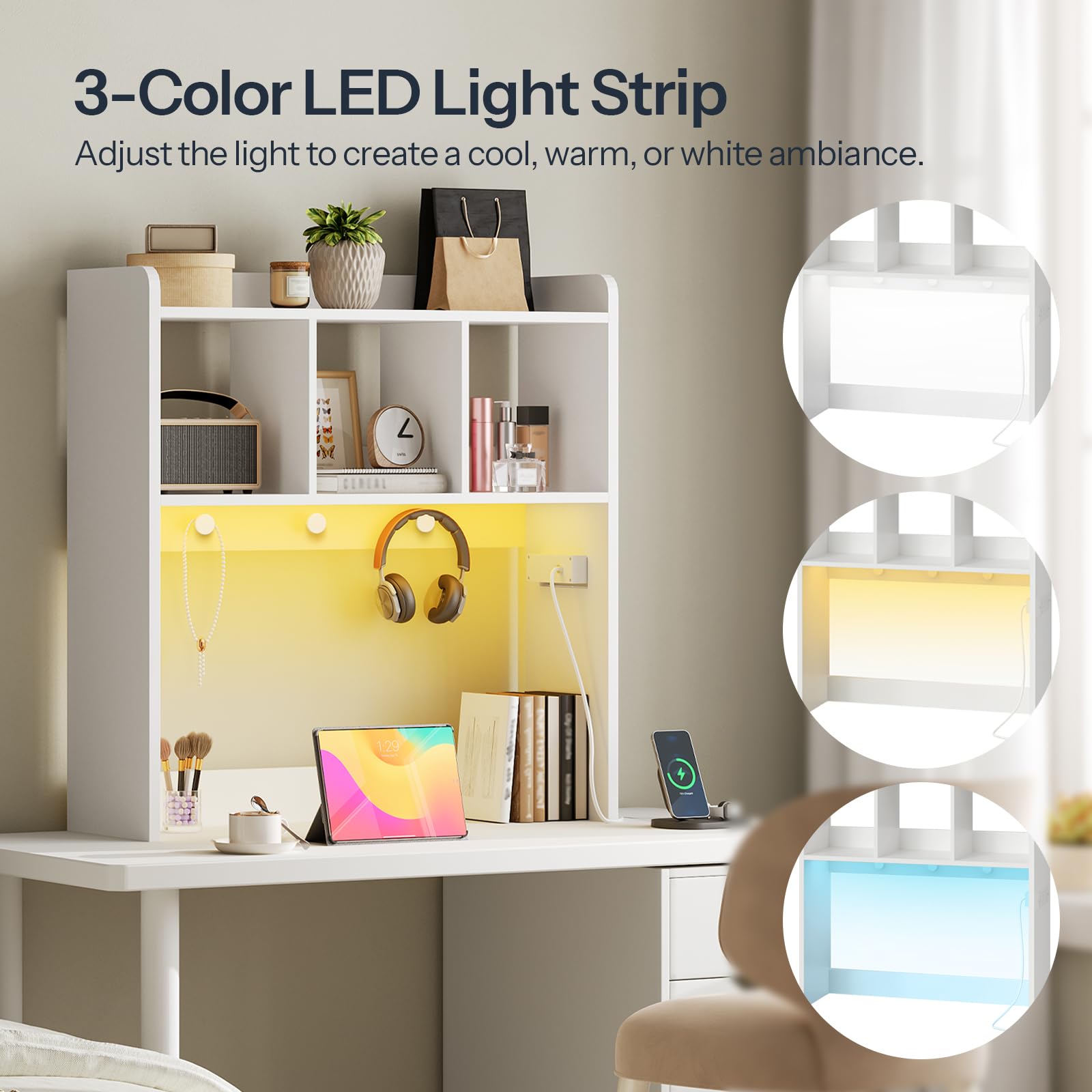 HOOBRO White Wooden Desktop Bookshelf with LED Light Strip & 3 Hooks - Office Desk Organizer with Power Outlets for Home & Study - Perfect for Workspace Organization, Book Storage & Decorative Display