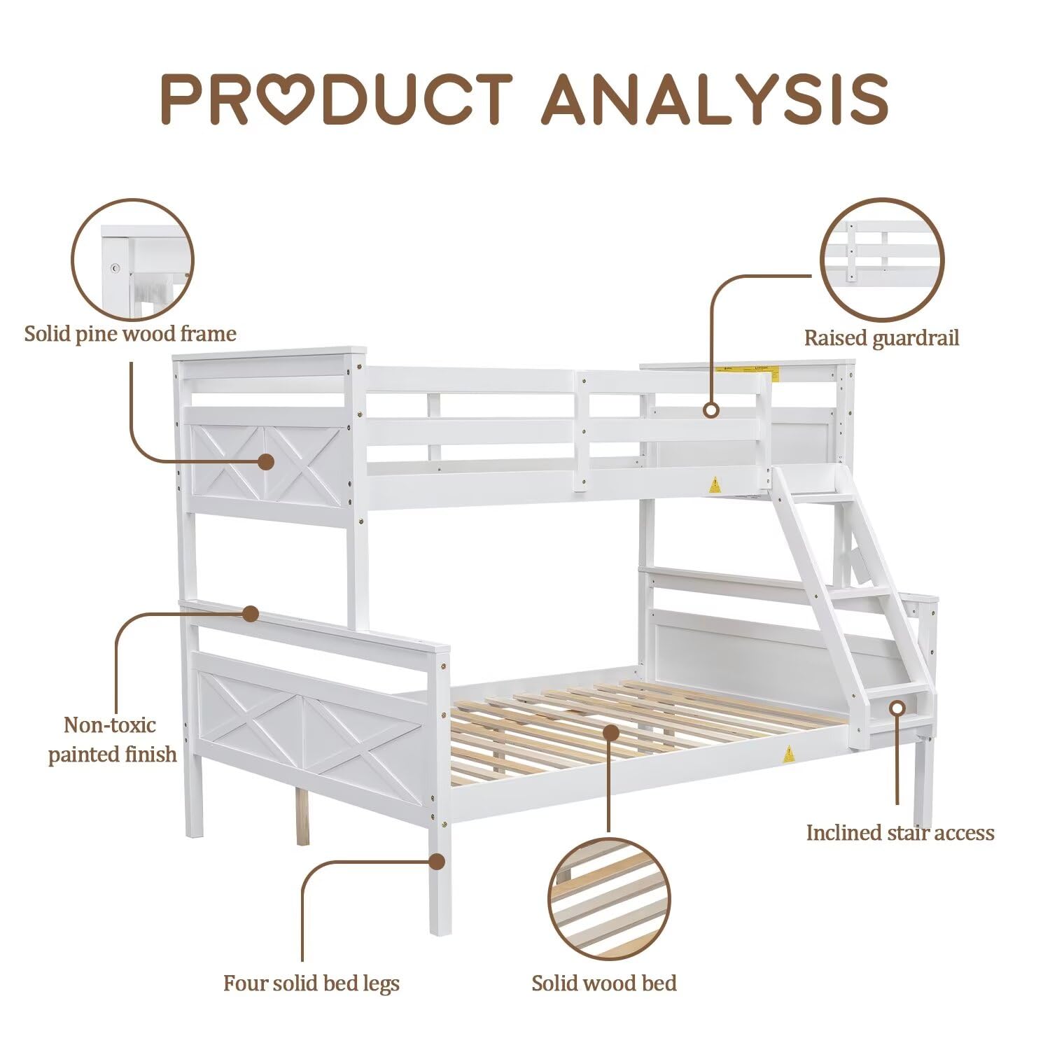 Solid Wood Twin Over Full Bunk Bed Frame with Ladder & Guardrail - Convertible to Separate Twin/Full Size Beds - No Box Spring Needed - Perfect for Kids Rooms, Guest Rooms & Space-Saving Bedroom Solutions (White)