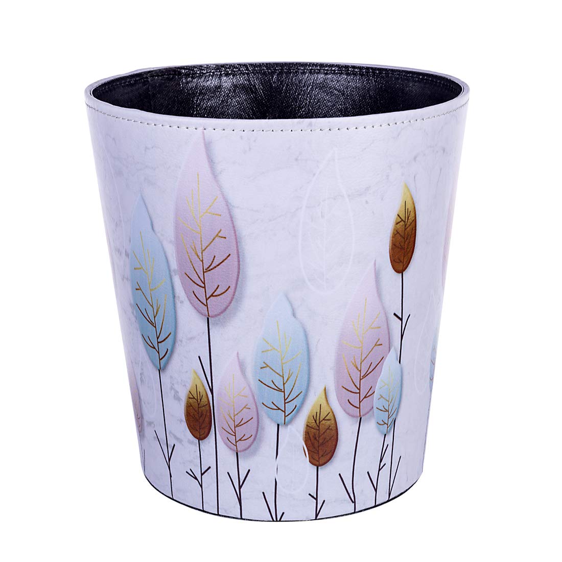 XSHION 10L/2.64 Gallon Waterproof PU Leather Trash Can - Decorative Wastebasket Without Lid for Living Room, Bedroom, Kitchen | Elegant Leaves Design for Home & Office Use