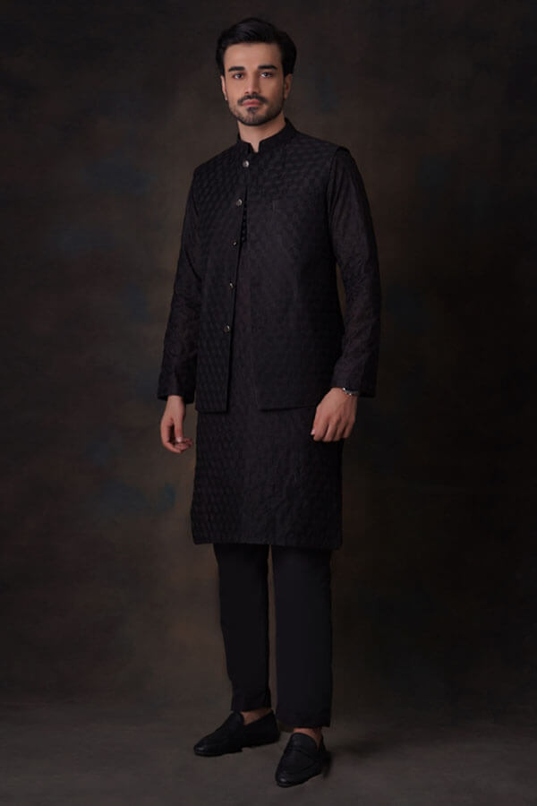 Jet Black Honeycomb Embroidered Cotton Sheer Kurta and Waistcoat Set for Women | Elegant Indian Ethnic Outfit | Perfect for Festivals, Weddings & Special Occasions