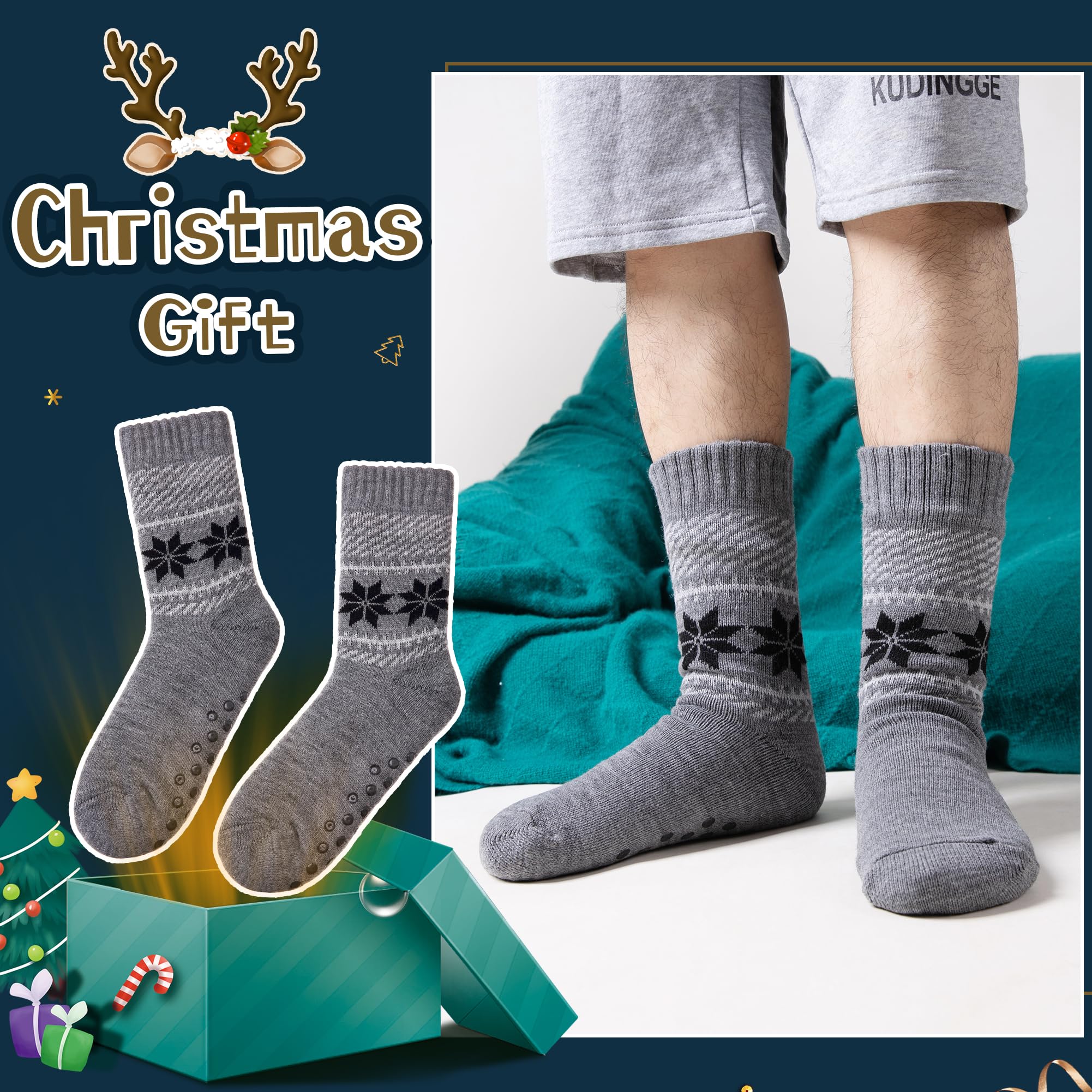 Men's Fleece Lined Thick Winter Slipper Socks - Cozy Non-Slip Fuzzy Home & Sleeping Socks for Cold Weather Comfort