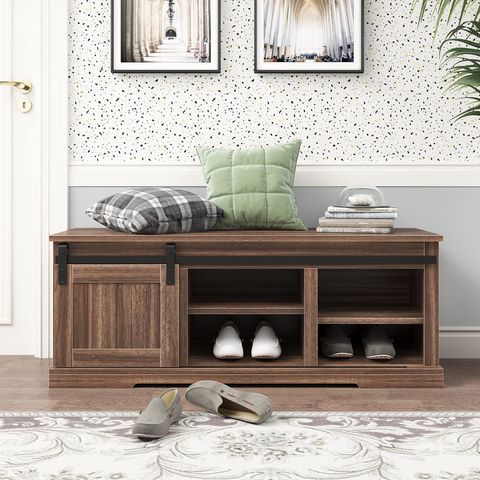 Barnwood Storage Bench with Sliding Door & Adjustable Shelf - Perfect for Entryway, Mudroom, or Bedroom Organization