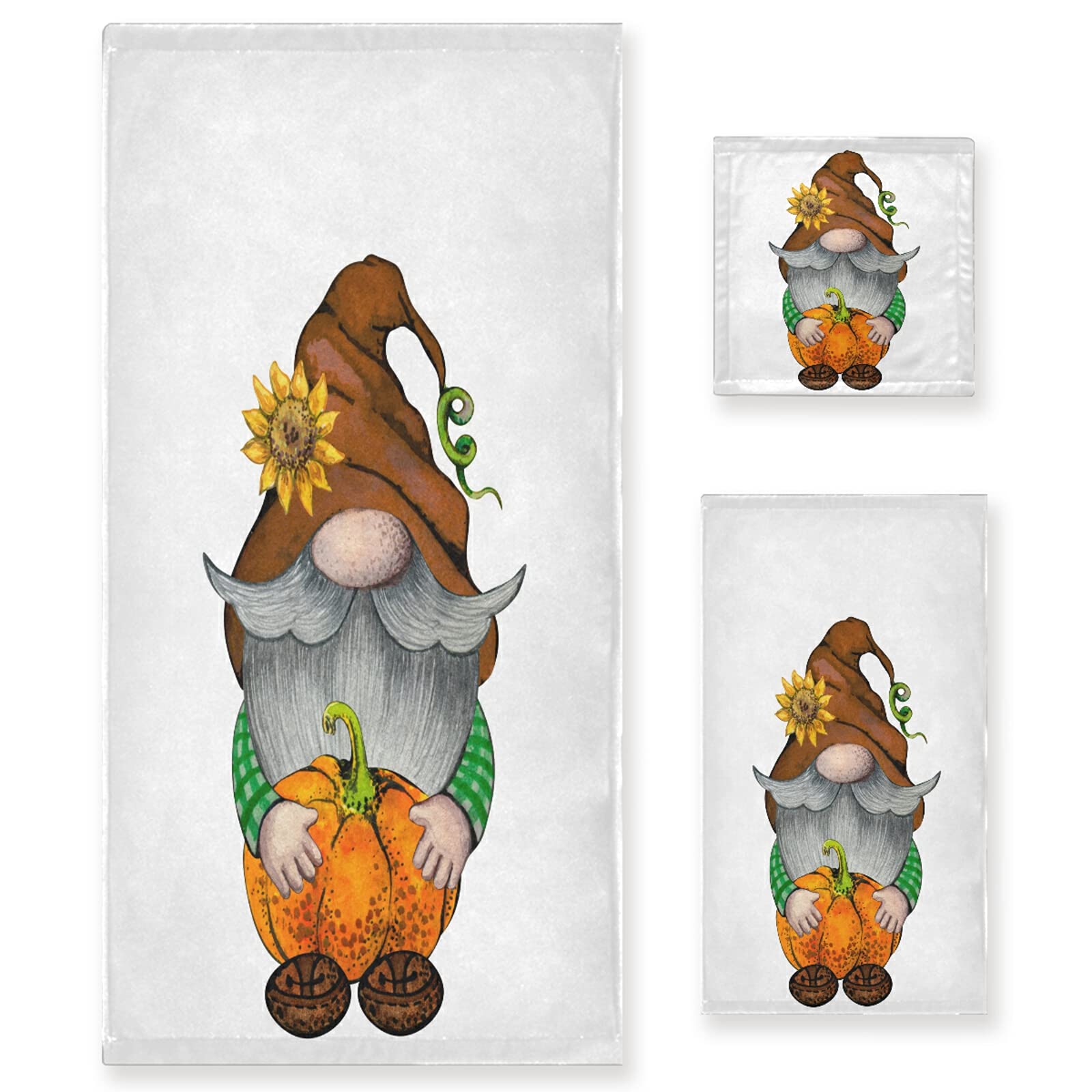 ALAZA Brown Fall Gnome with Pumpkins Bath Towel Set - Luxury 3-Piece Decorative Towel Set (1 Bath Towel, 1 Hand Towel, 1 Washcloth) - Ultra Soft & Absorbent for Bathroom, Hotel, Gym, Yoga & Spa