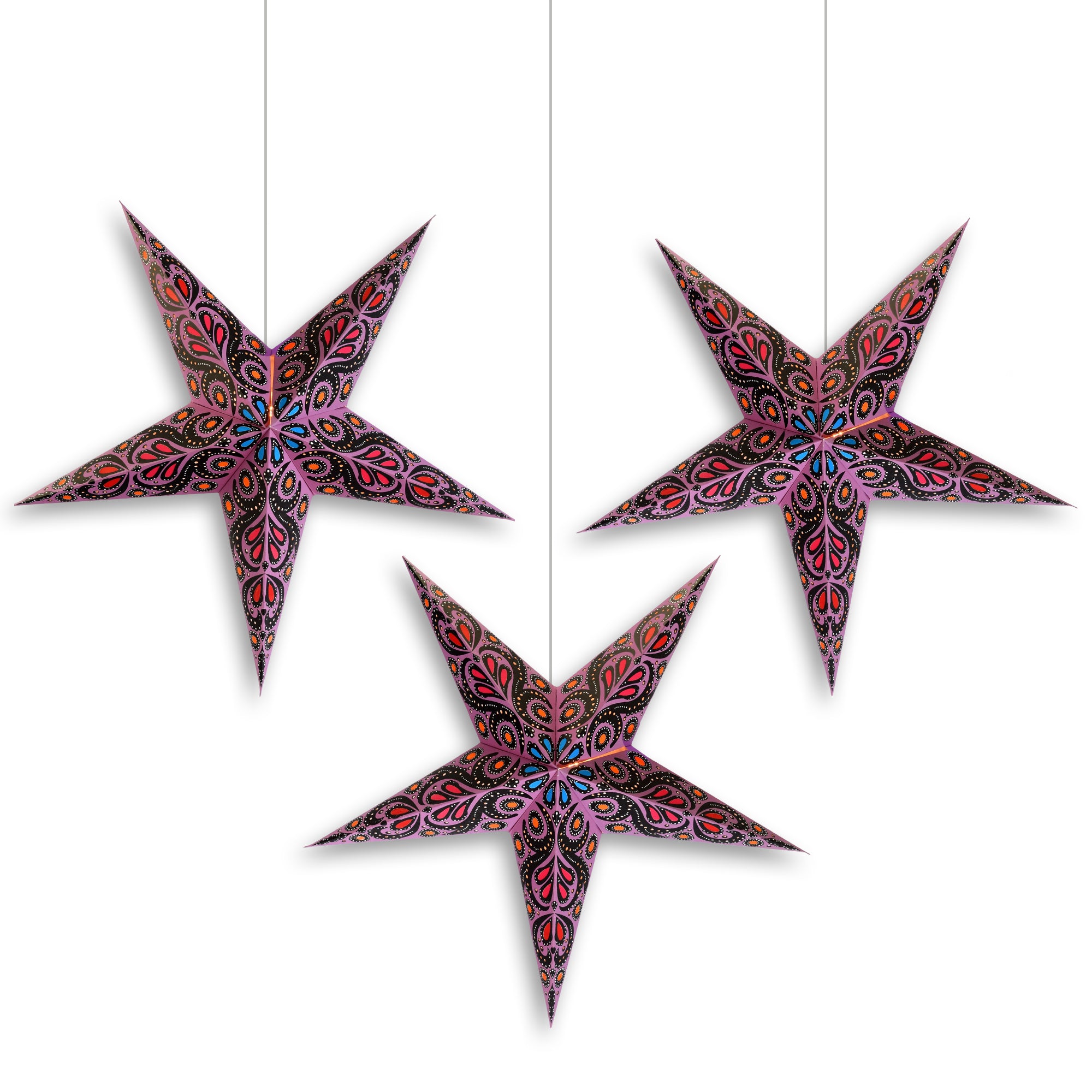3 Pack 24 Inch Purple Astral Bloom Paper Star Lanterns with Triple Pendant Lights - Hanging Decor for Bedroom, Party, Wedding & Outdoor Events