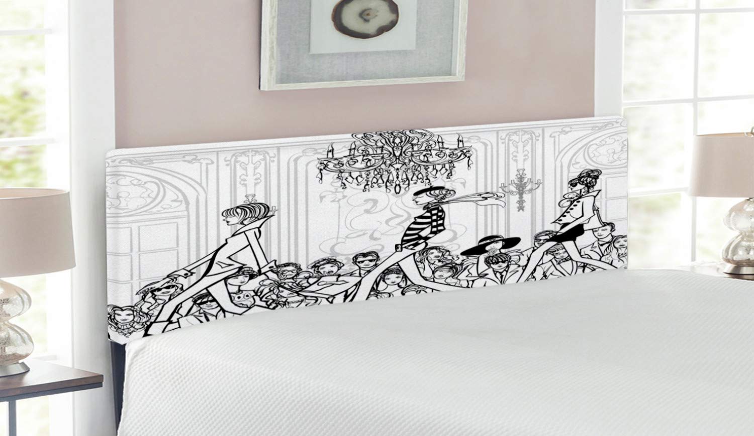 Ambesonne Fashion Headboard - Supermodel Catwalk Mannequin Audience Print, Upholstered Metal Bed Frame with Memory Foam, Queen Size, Black & White - Perfect for Modern Bedroom Decor & Fashion-Inspired Home Styling