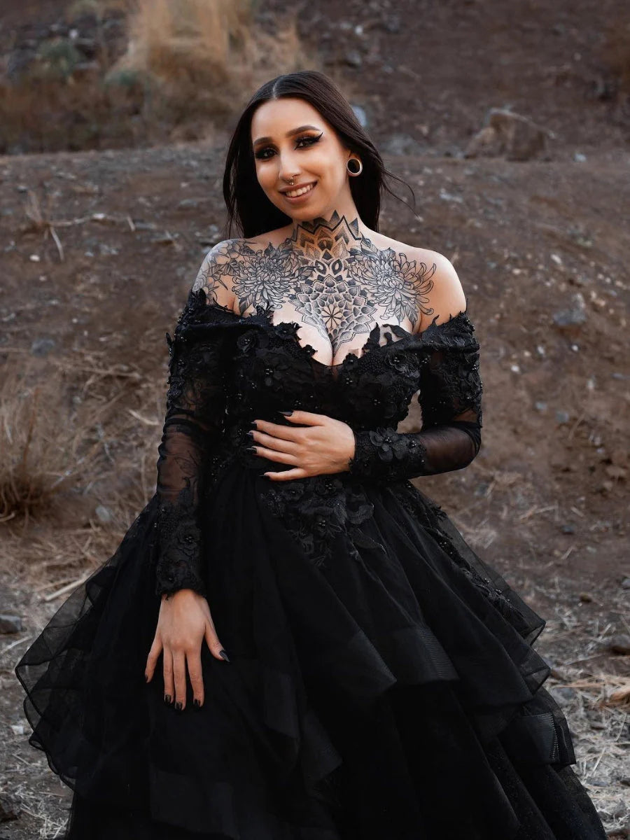 Elegant Black Gothic Wedding Dress with Long Sleeves, Off-Shoulder V-Neck & Tiered Skirt – Perfect for Gothic Brides, Dark Romance Weddings & Vampire-Themed Events